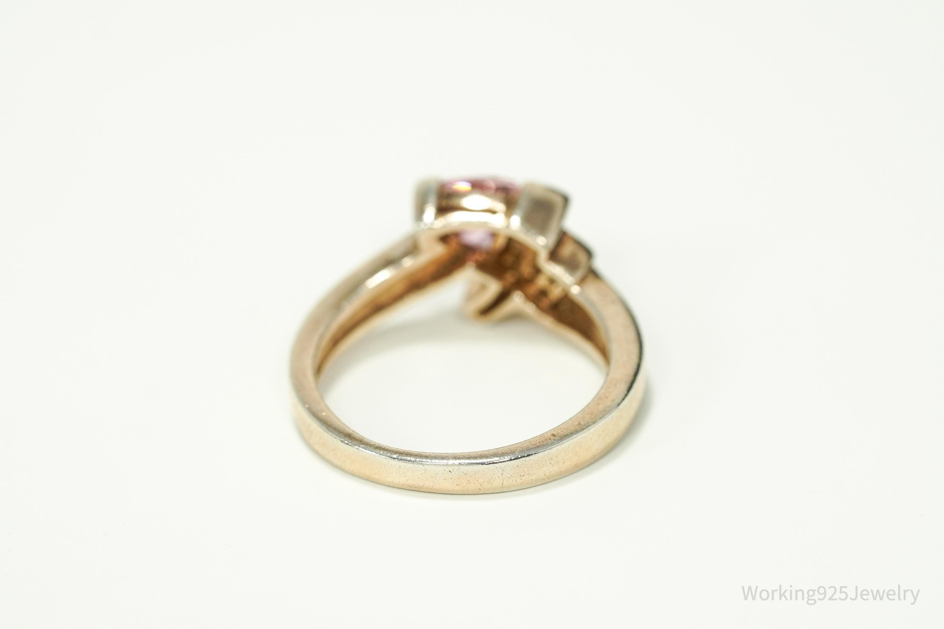 Vintage Pink & White Cubic Zirconia Opal Inlay Rose Gold Vermeil Sterling Silver Ring - Size 7.5