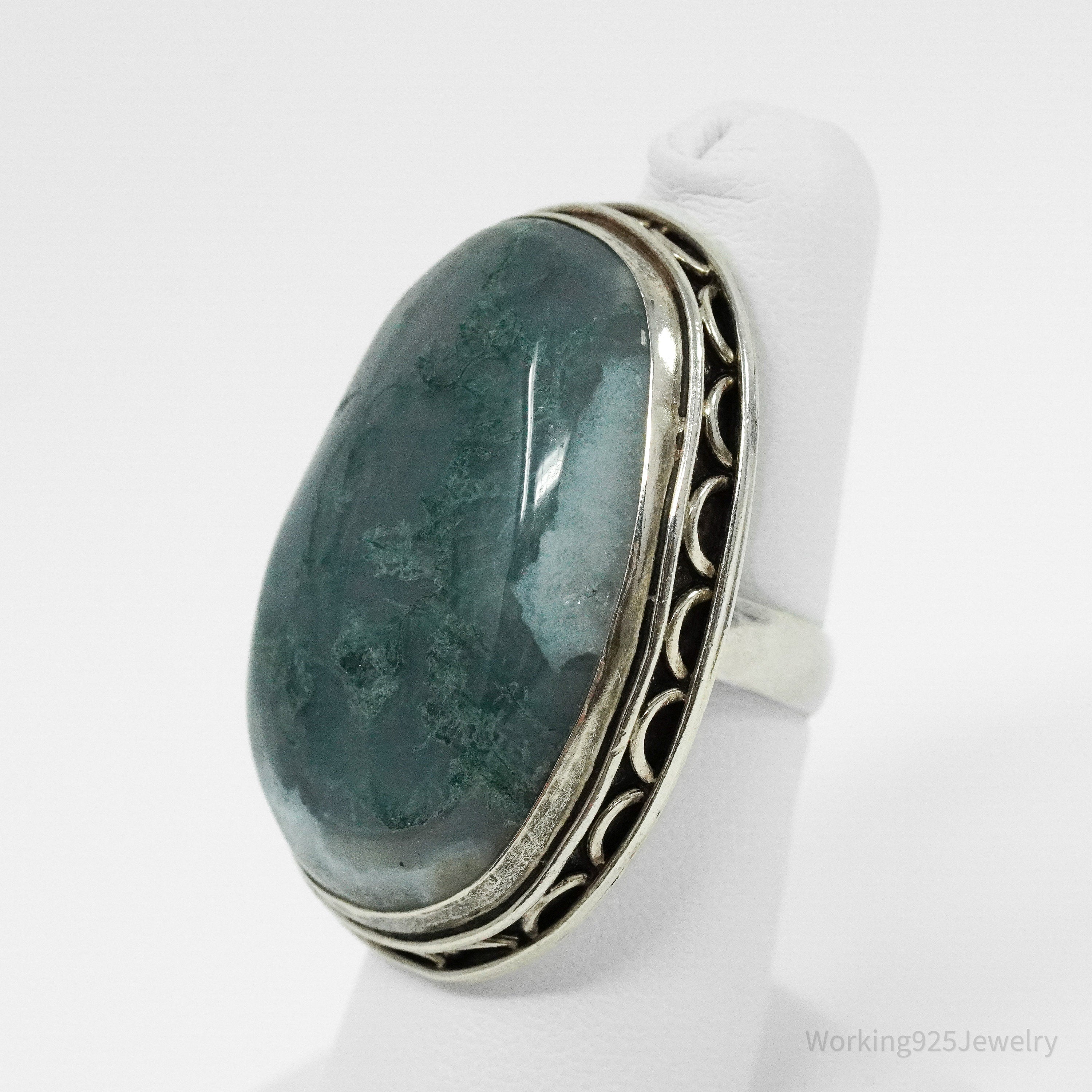 Vintage Large Moss Agate Sterling Silver Ring - Size 7.5