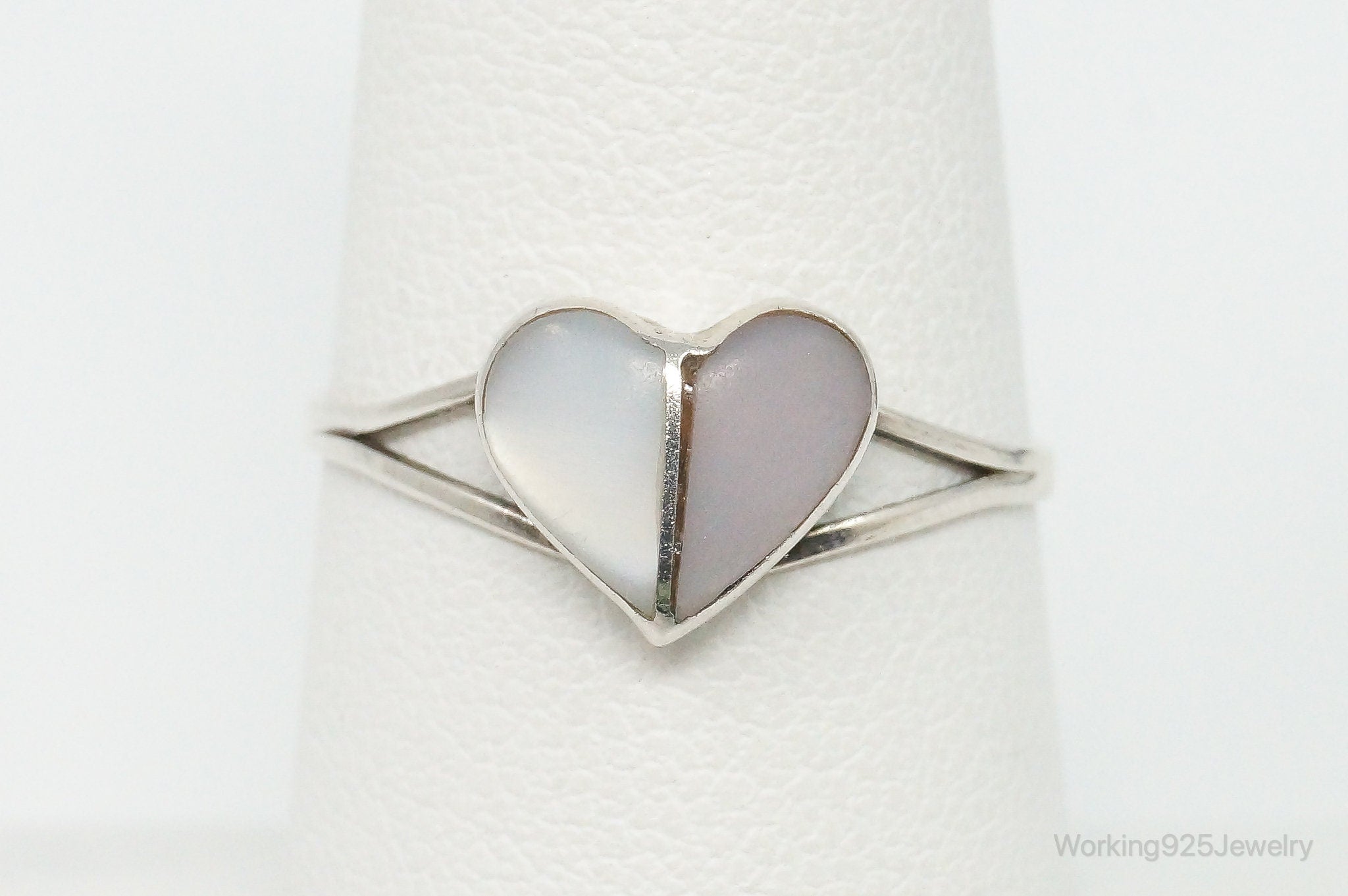 Vintage Mexico Mother Of Pearl Heart Sterling Silver Ring Size 7.5