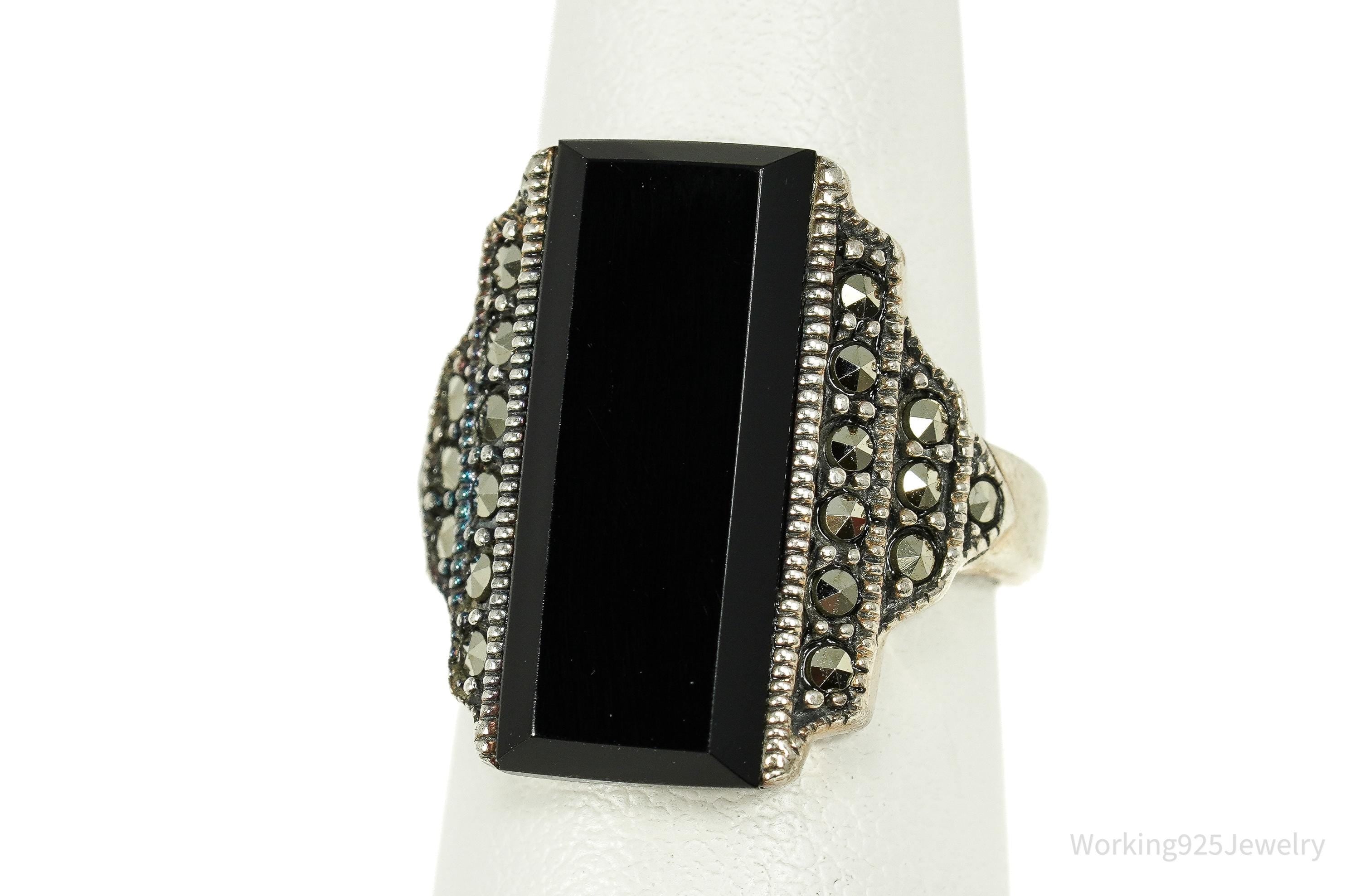 Vintage Large Black Onyx & Marcasite Sterling Silver Ring - Size 6