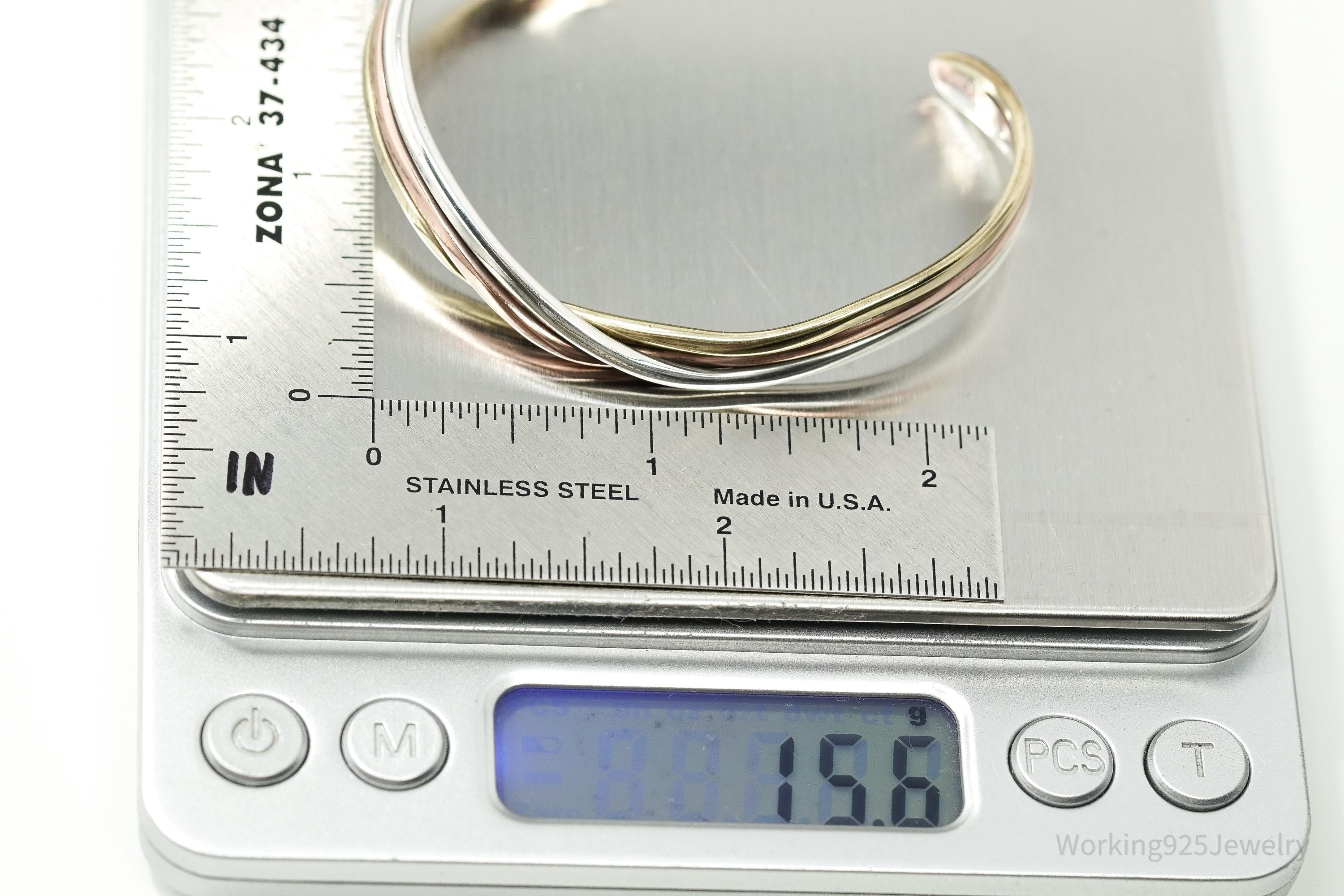 Vintage Three Metal Twist Sterling Silver Copper Brass Cuff Bracelet 6 3/8"