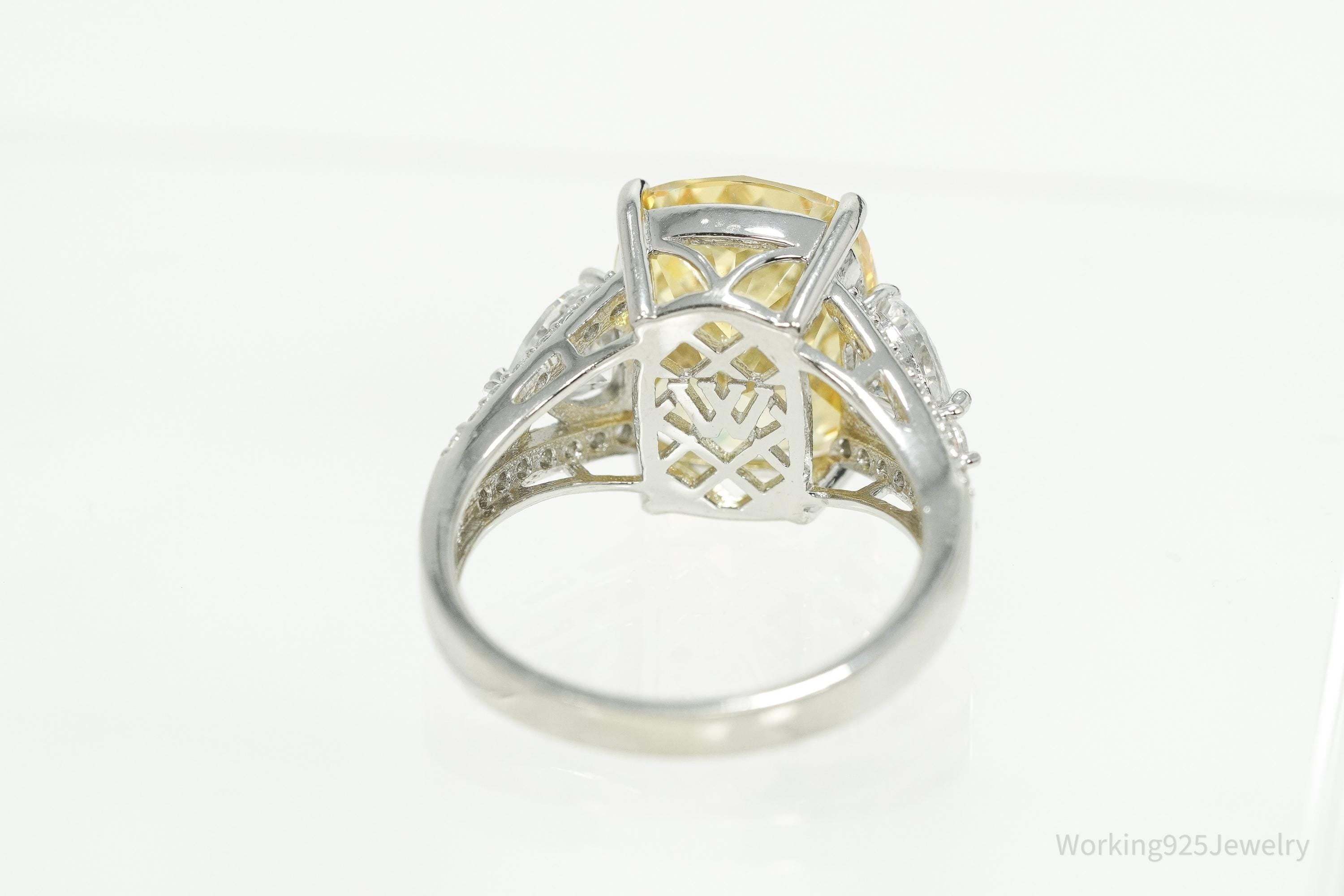 Vintage Large Yellow & White Cubic Zirconia Sterling Silver Ring - Size 10.25