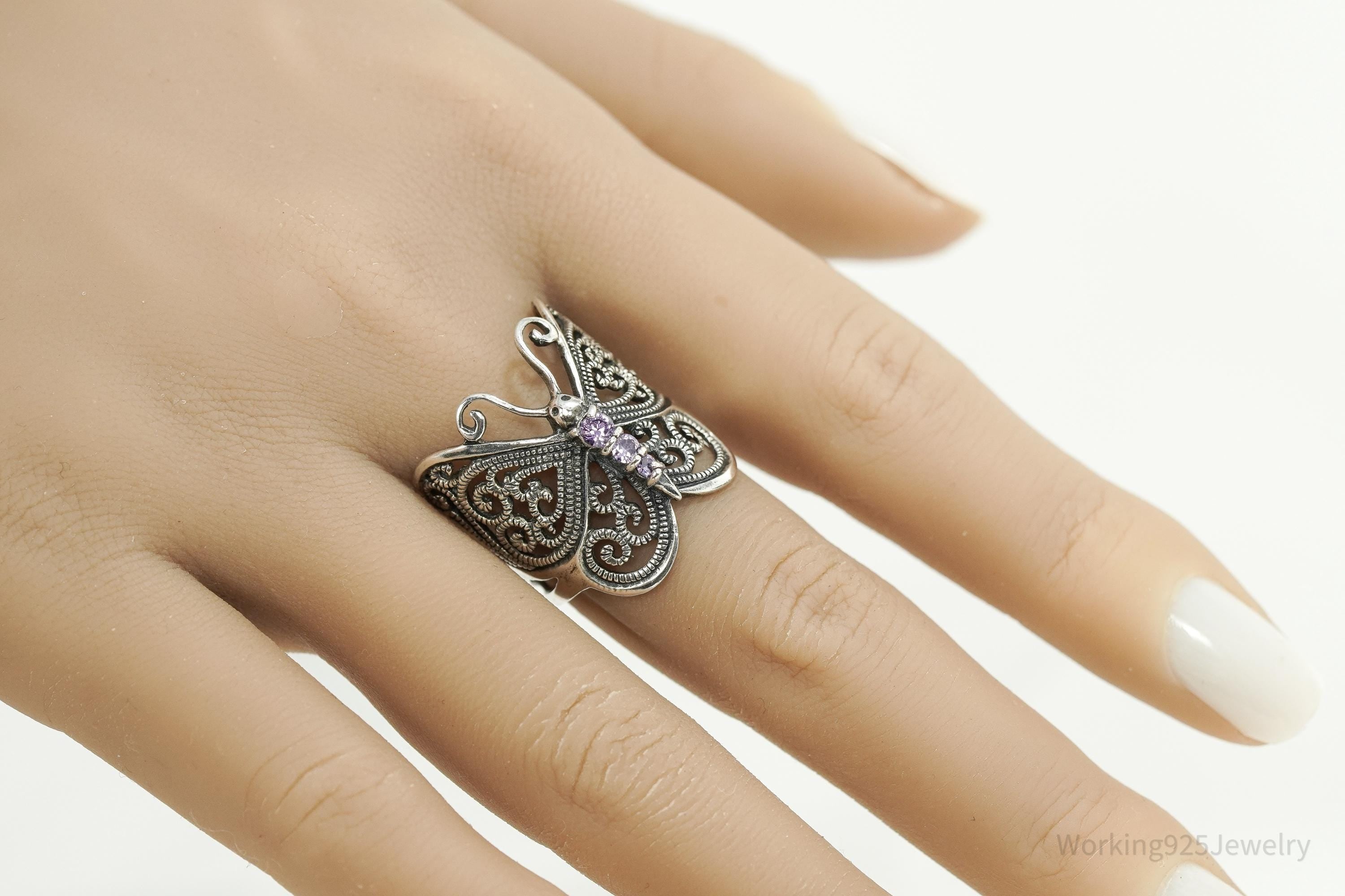 Vintage Amethyst Butterfly Sterling Silver Ring - Size 9.25