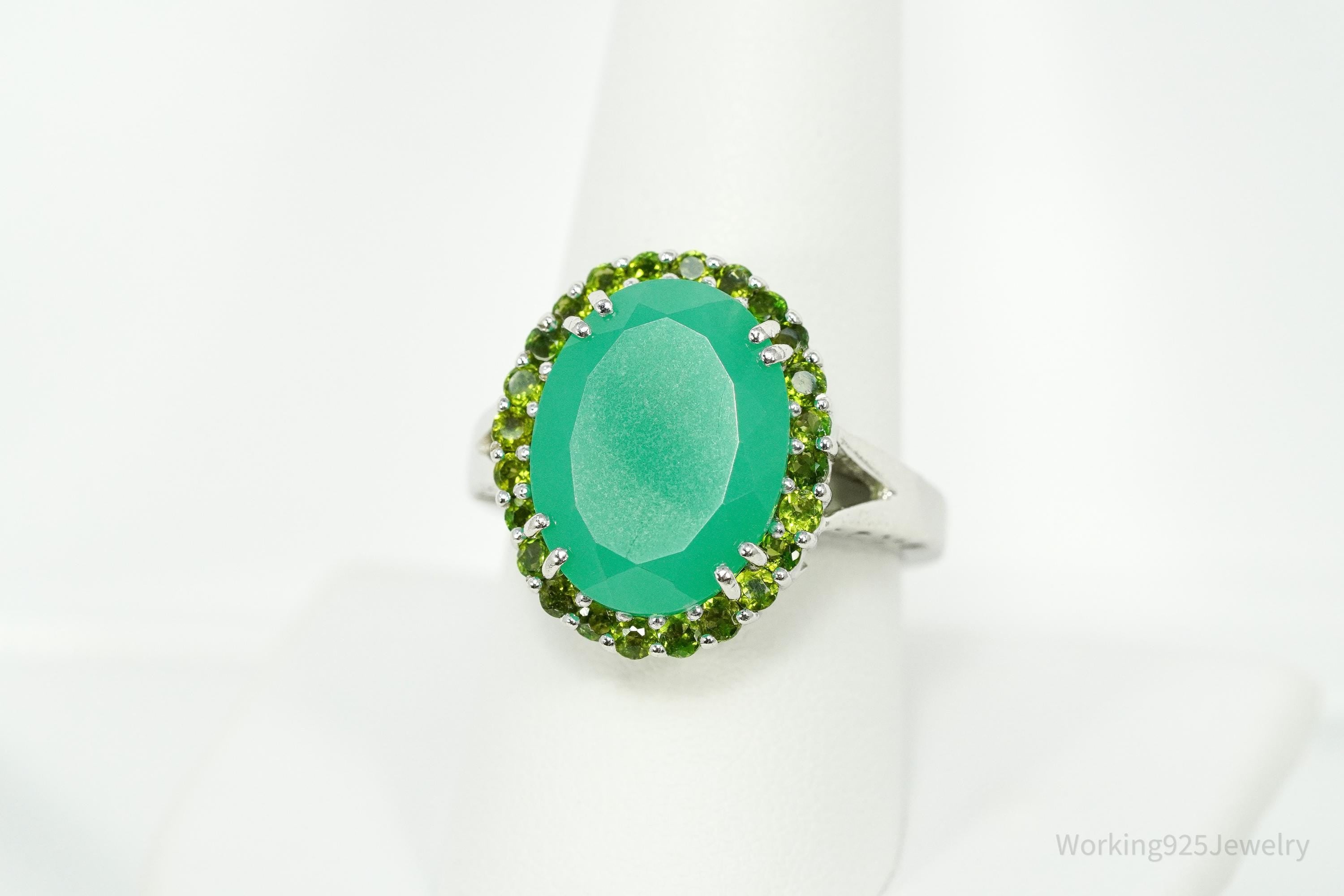 Vintage Green Chrysoprase & Peridot Sterling Silver Ring - Size 9.25