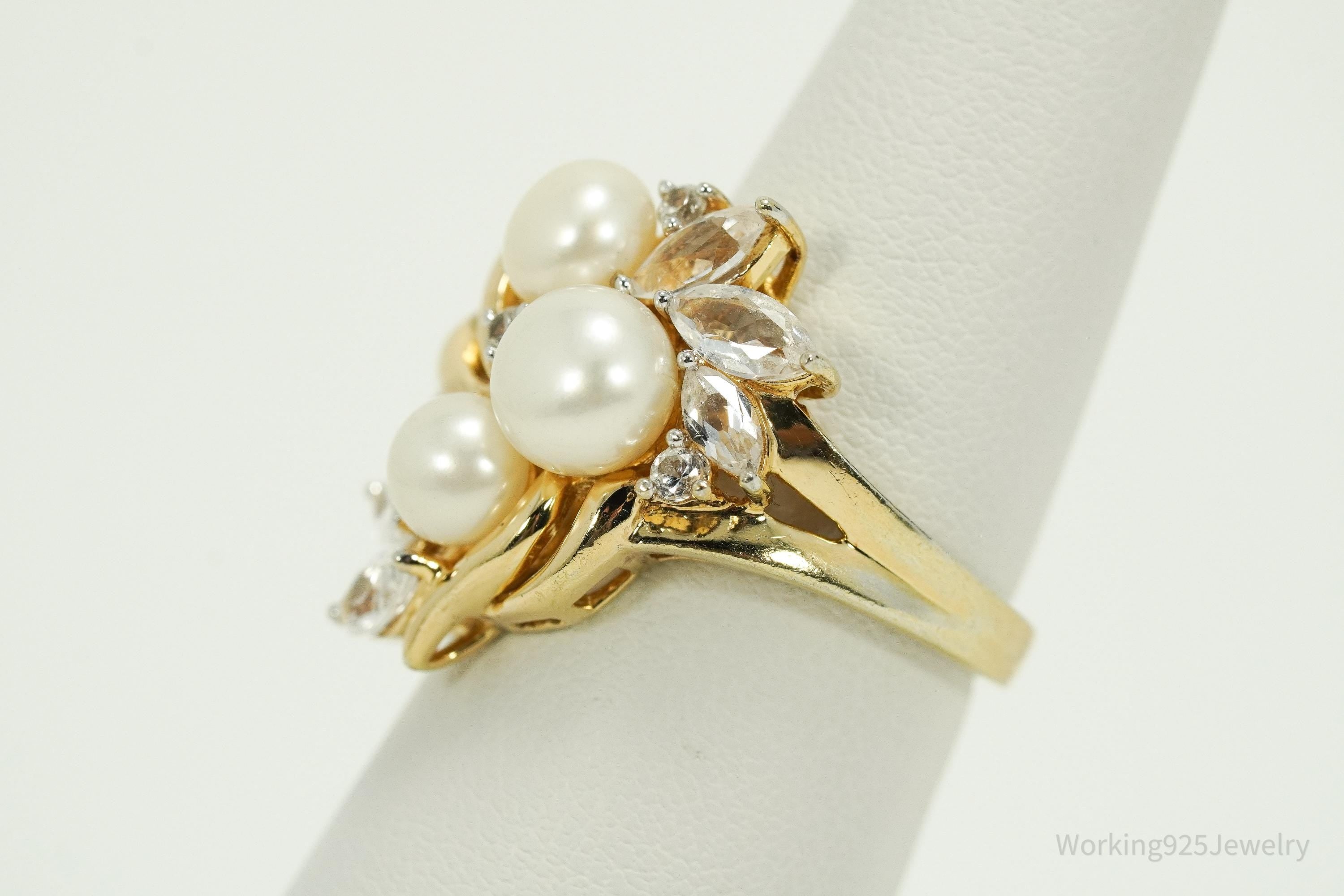 Vintage Pearl & White Sapphire Gold Over Sterling Silver Ring Size 7