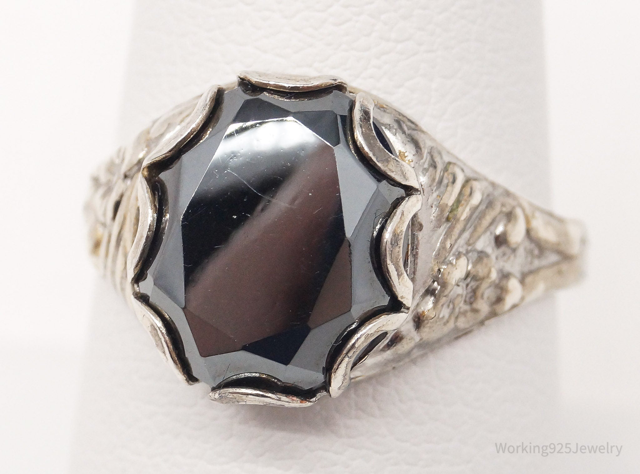 Antique Designer Hematite Sterling Silver Ring - Size 8 Adjustable