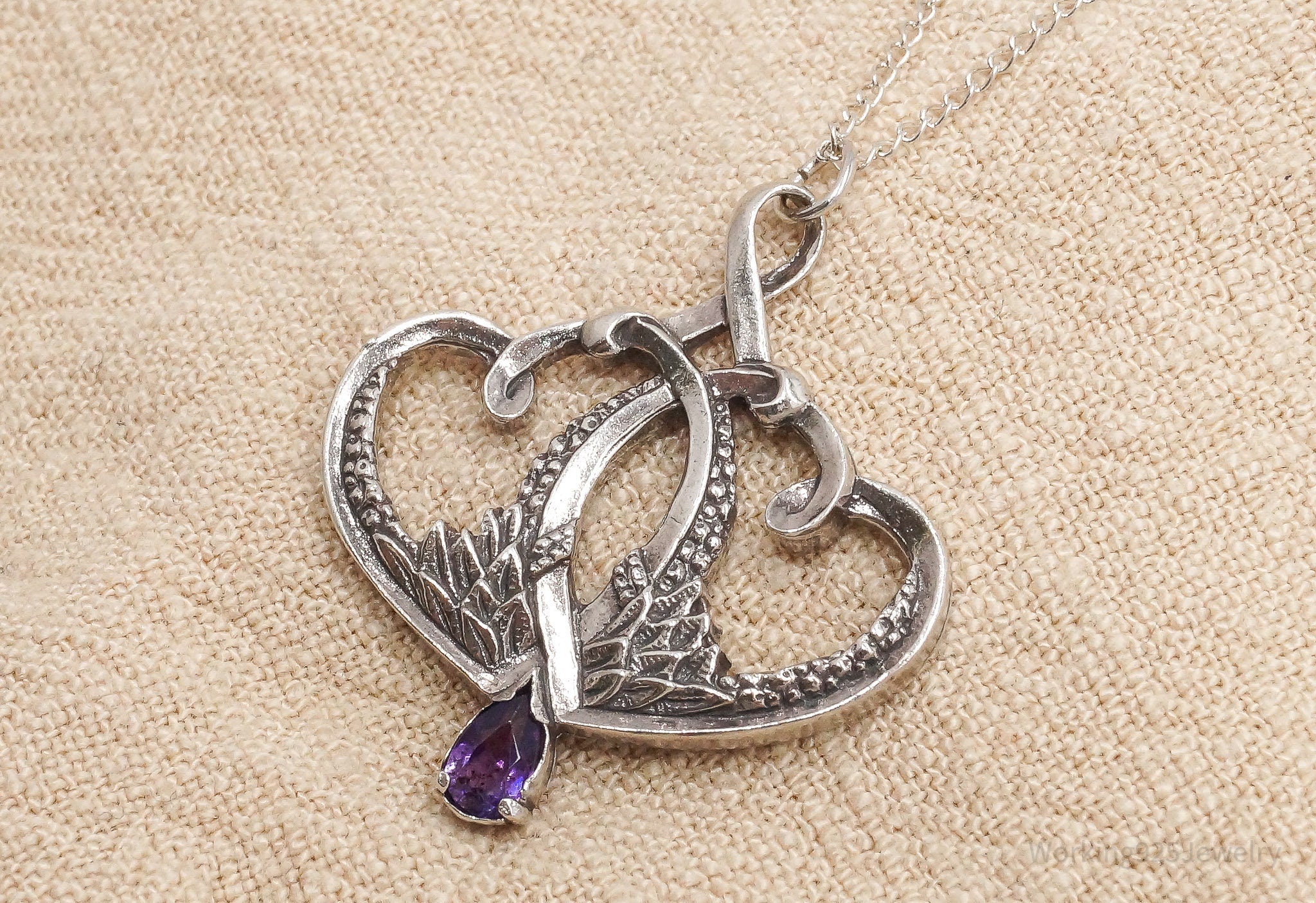 Vintage 1893 GRADH Franklin Mint Double Heart Amethyst Sterling Silver Necklace