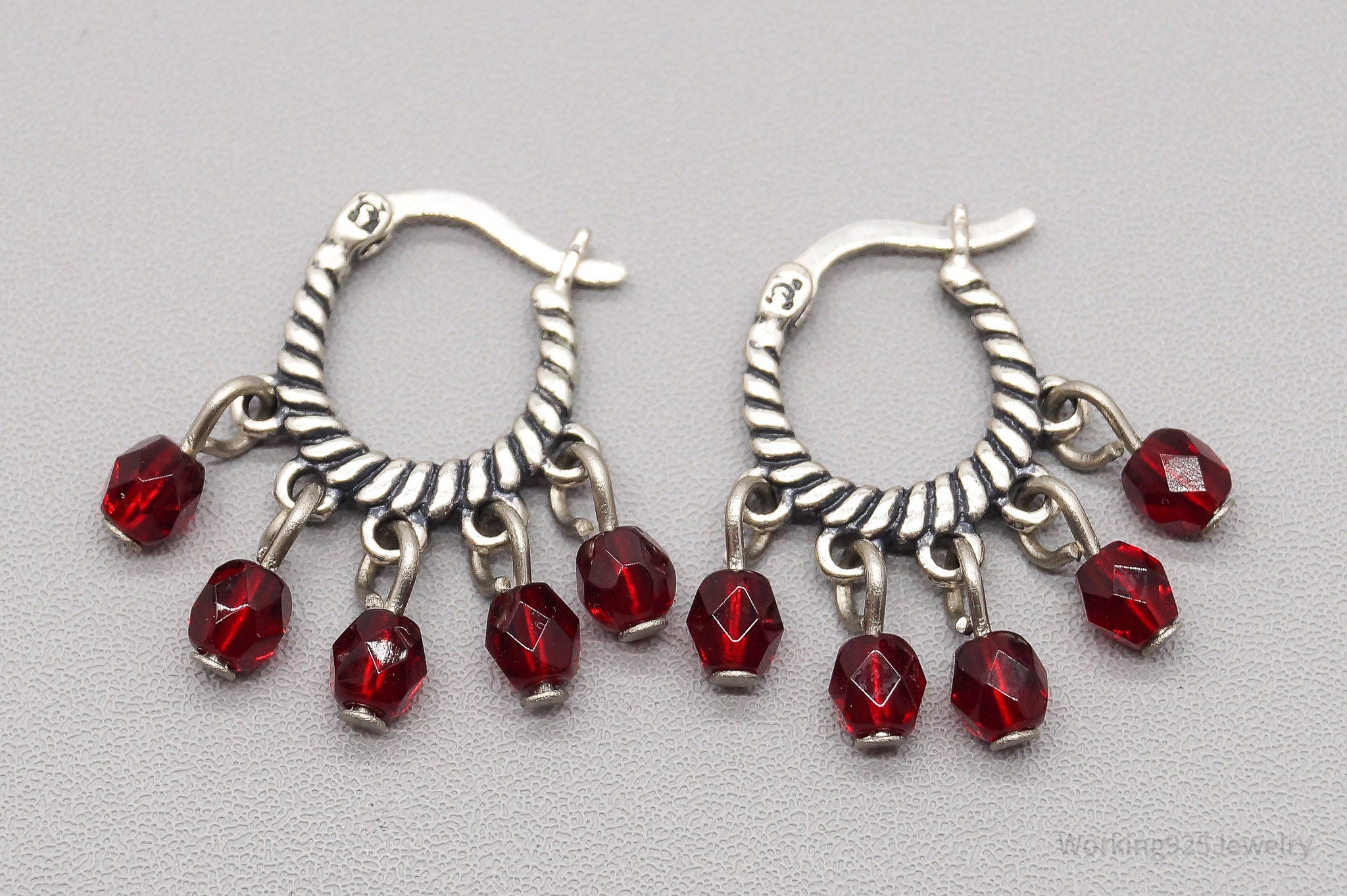 Vintage Red Crystal Sterling Silver Hoop Earrings