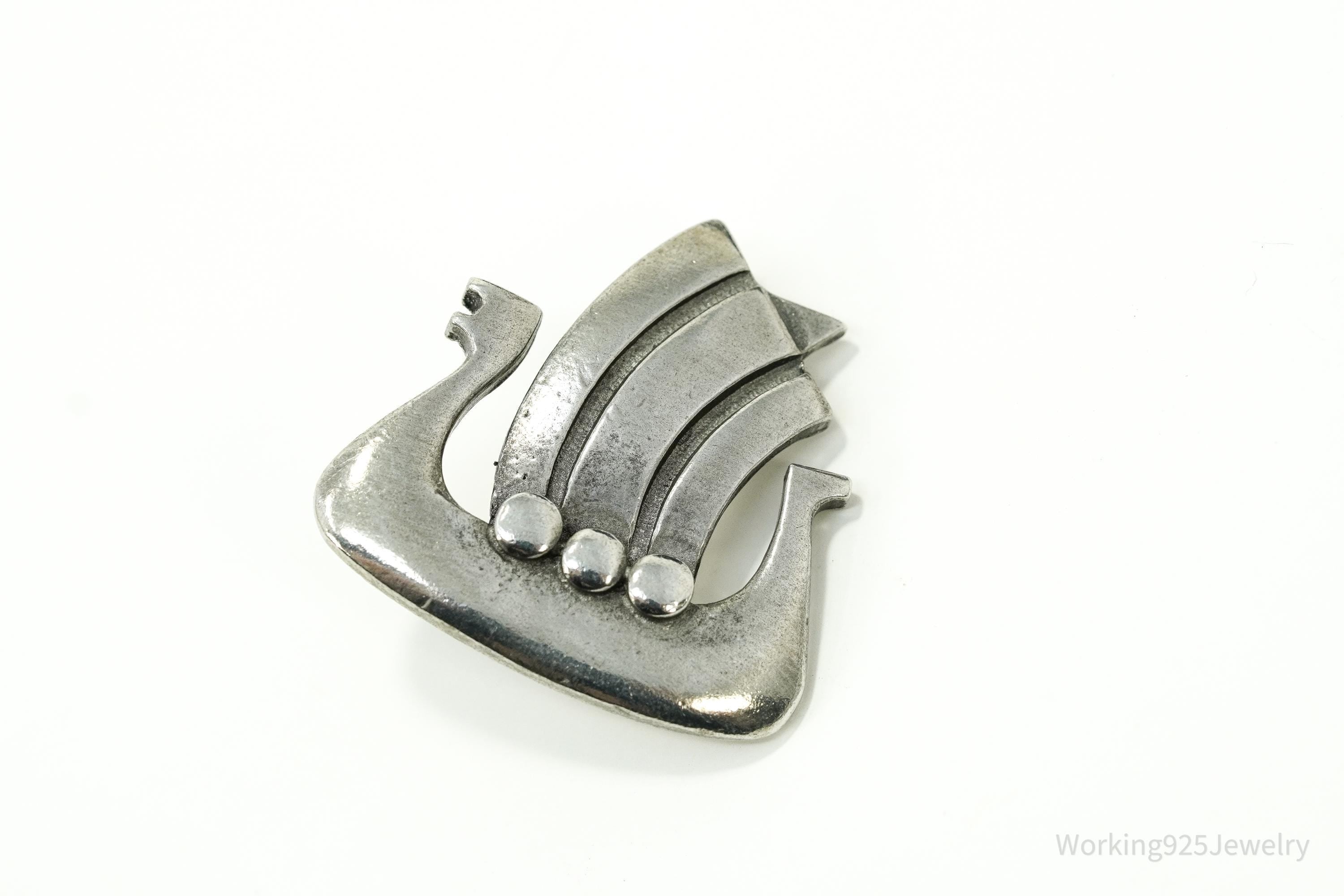 Vintage 1960s Swedish Modernist R. Tennesmed Pewter Viking Ship Brooch Pin