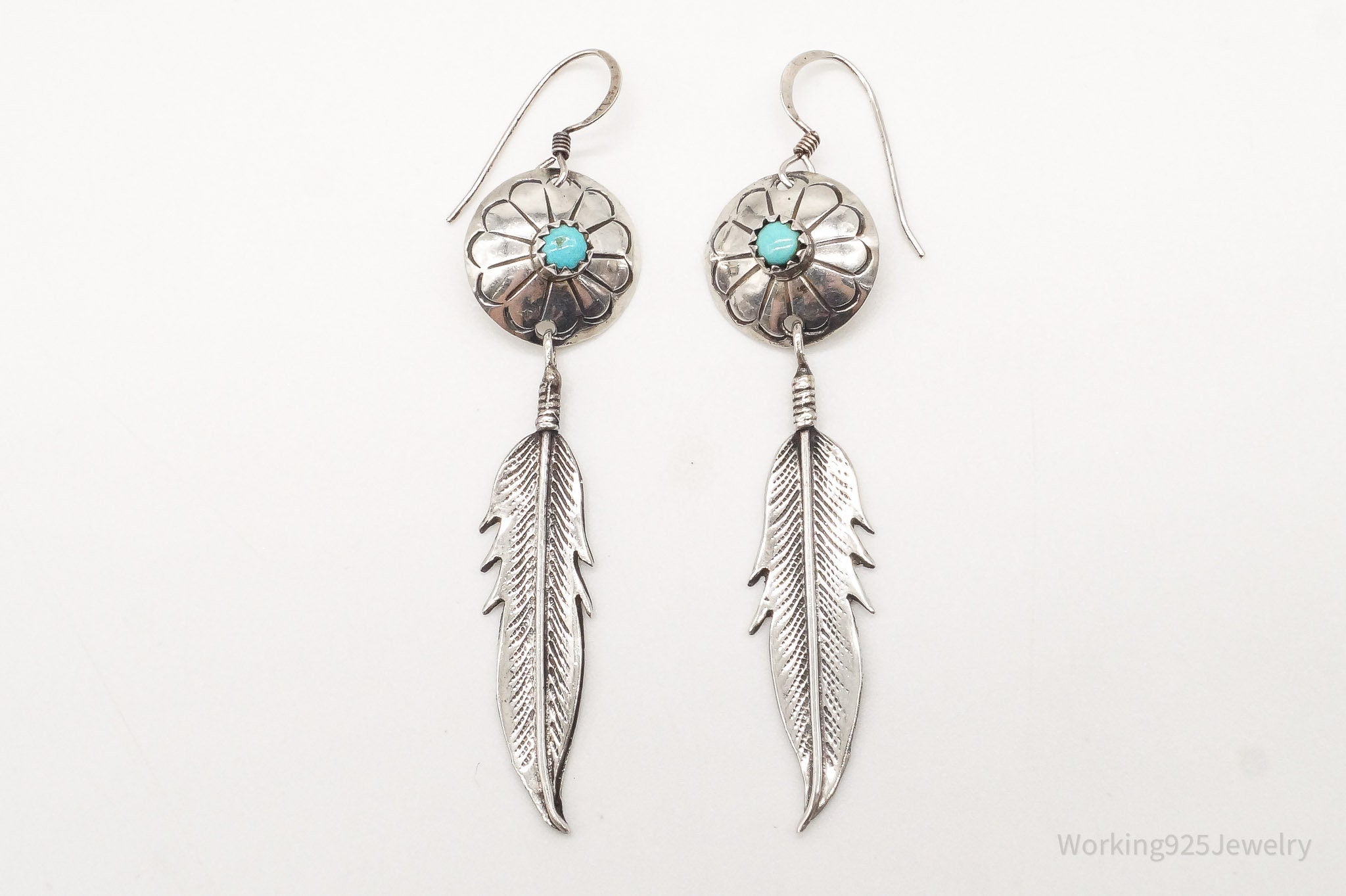 Vintage Native American Turquoise Feather Silver Earrings