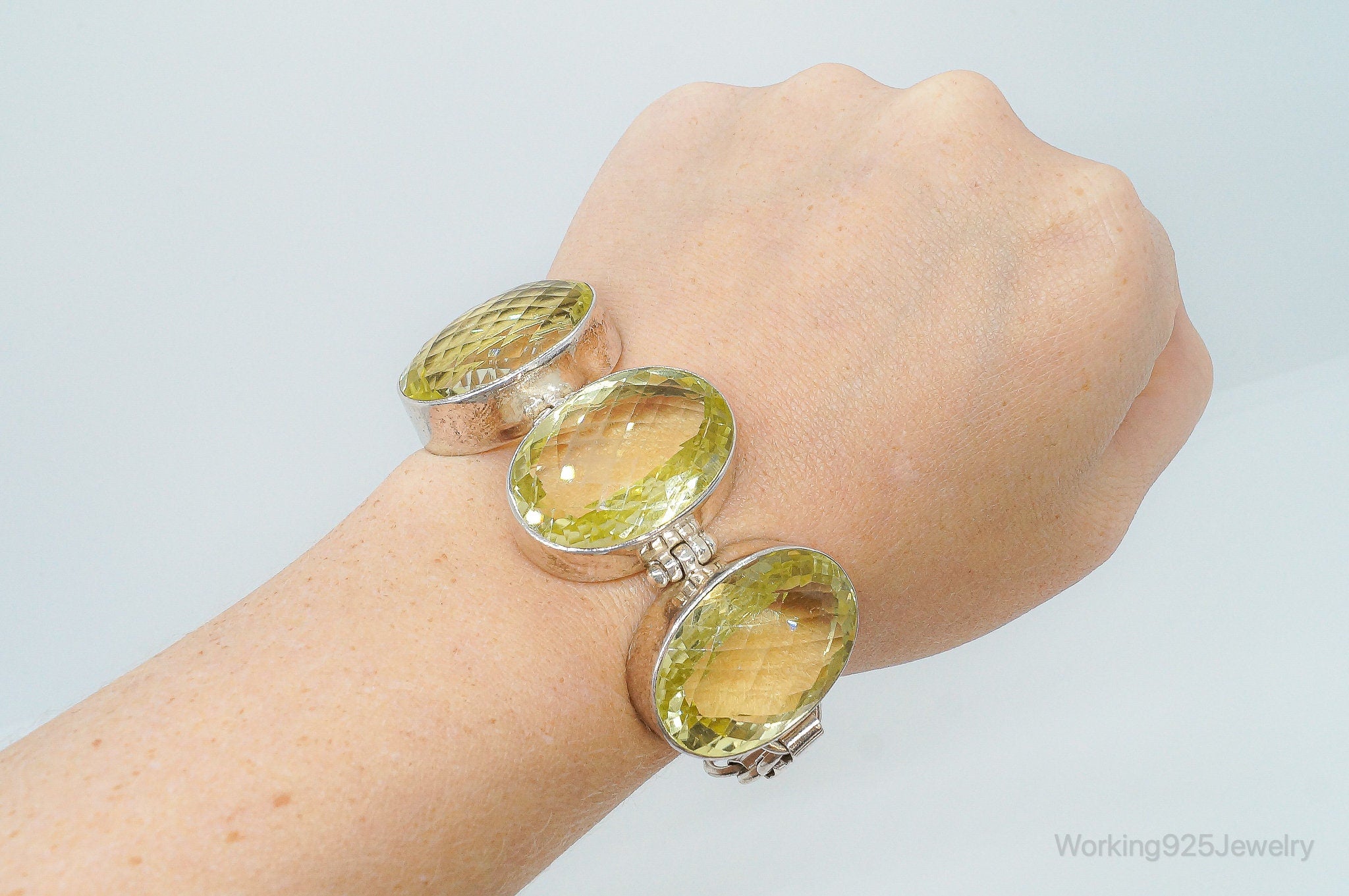 Vintage Large Lemon Quartz Sterling Silver Toggle Bracelet