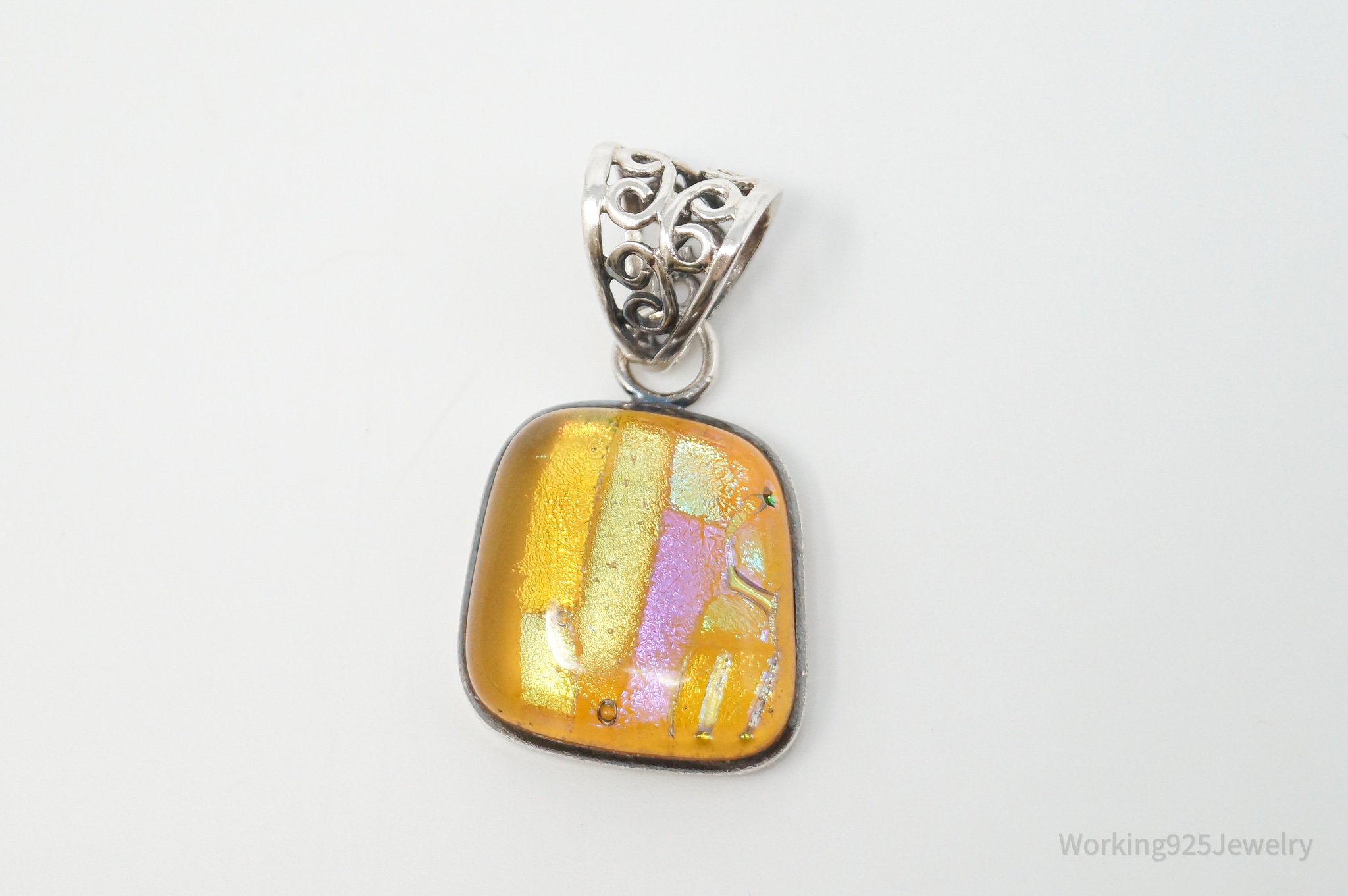 Vintage Large Dichroic Glass Square Sterling Silver Necklace Pendant