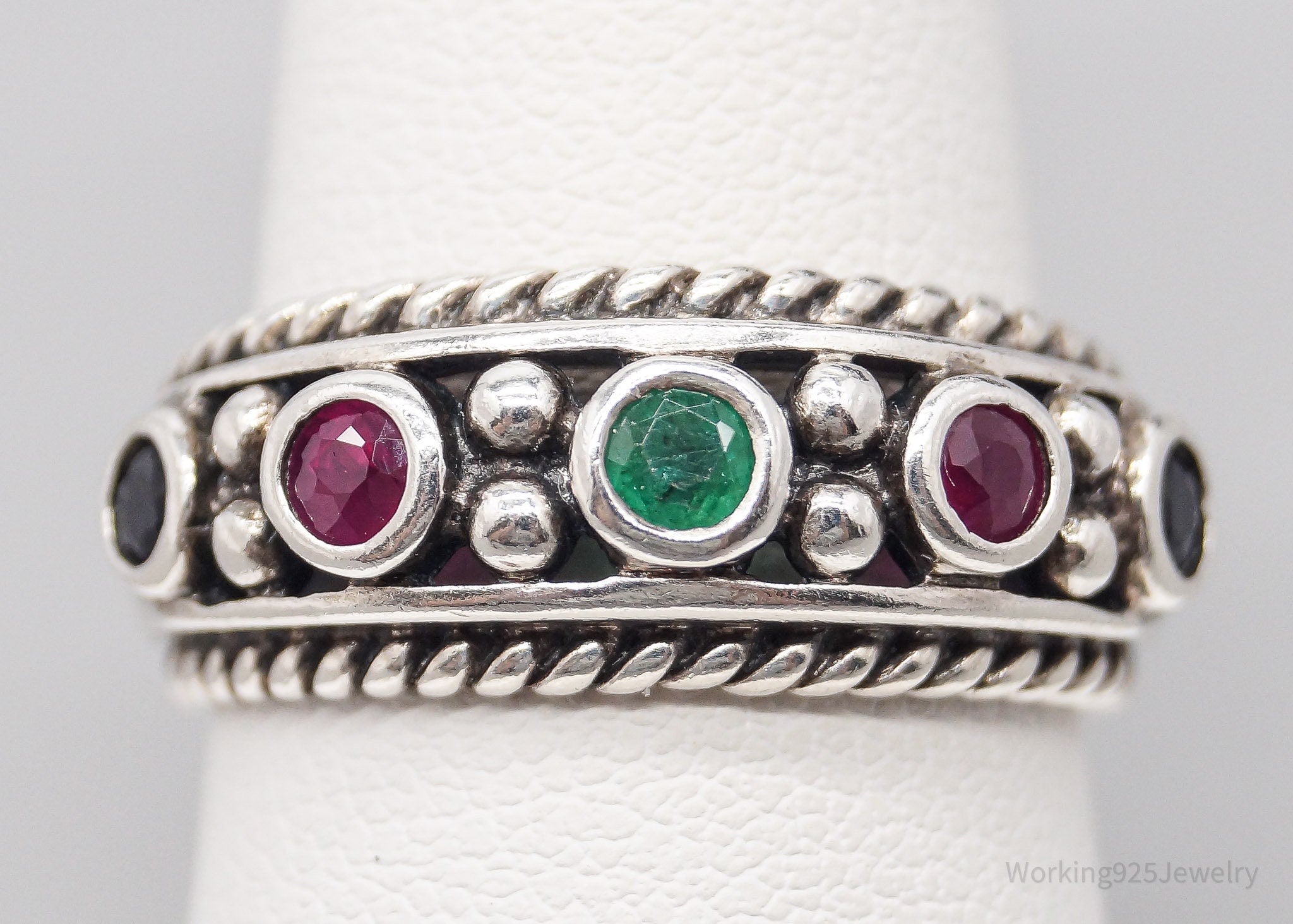 Vintage Ruby Emerald Sapphire Sterling Silver Ring - Size 7.75