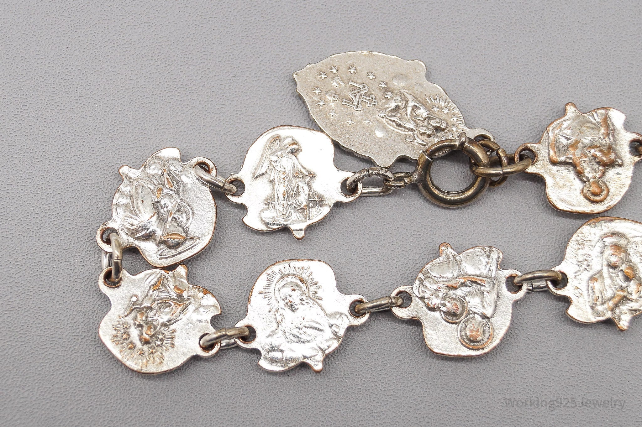 Antique Rosary Roses & Saints Silver Plated Bronze Bracelet 6 7/8"