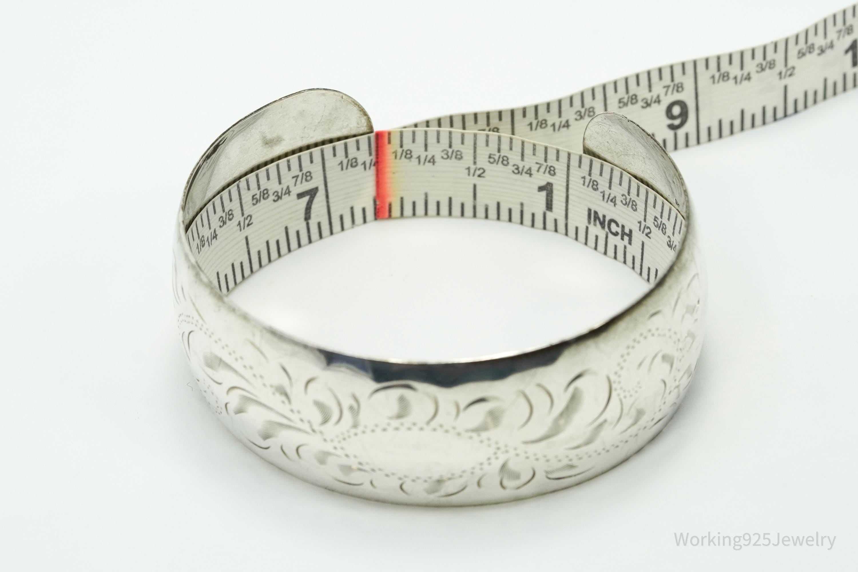 Antique Art Nouveau Floral Etched Sterling Silver Cuff Bracelet 7.25"