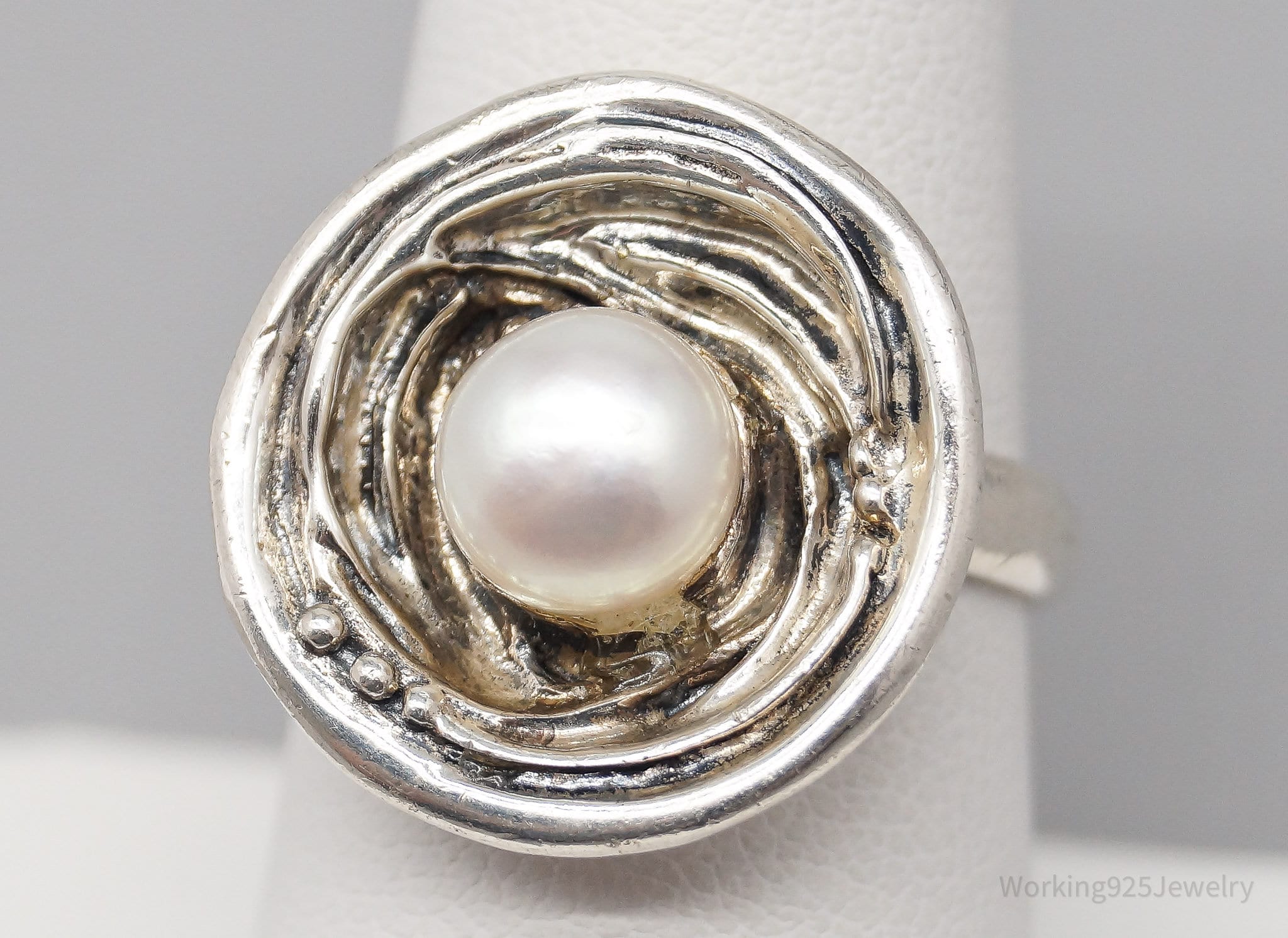 Vintage Designer White Pearl Modernist Sterling Silver Ring - Size 8