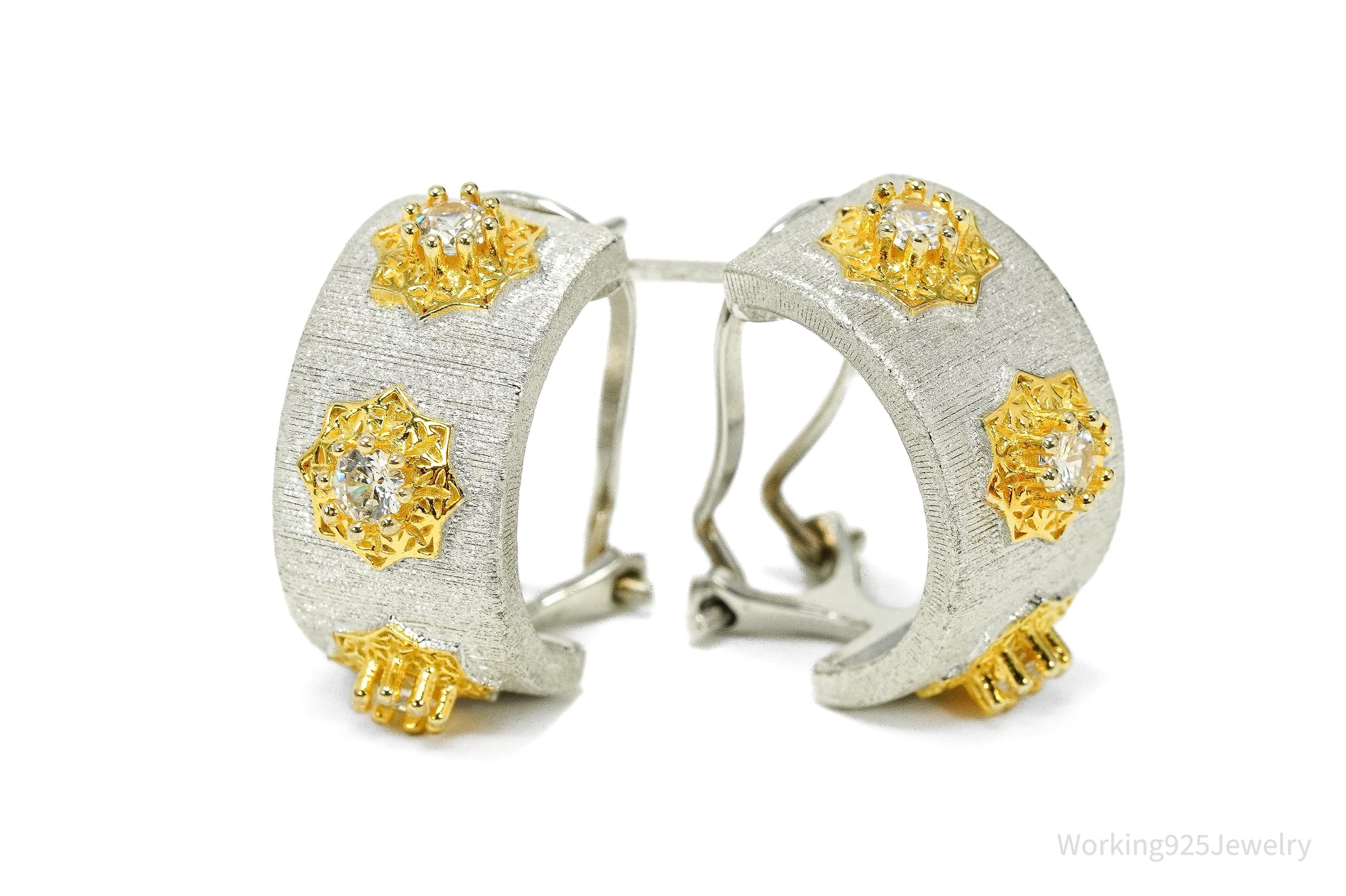 Vintage Cubic Zirconia Gold Vermeil Sterling Silver Hoop Earrings