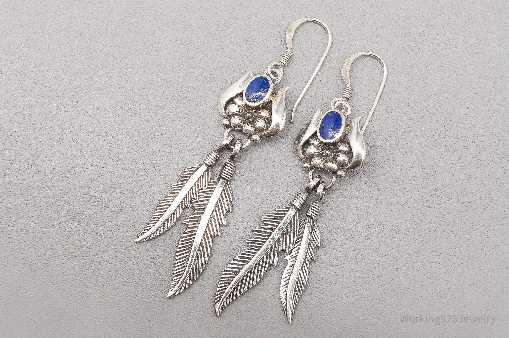 Vintage Lapis Lazuli Flower Feather Sterling Silver Earrings