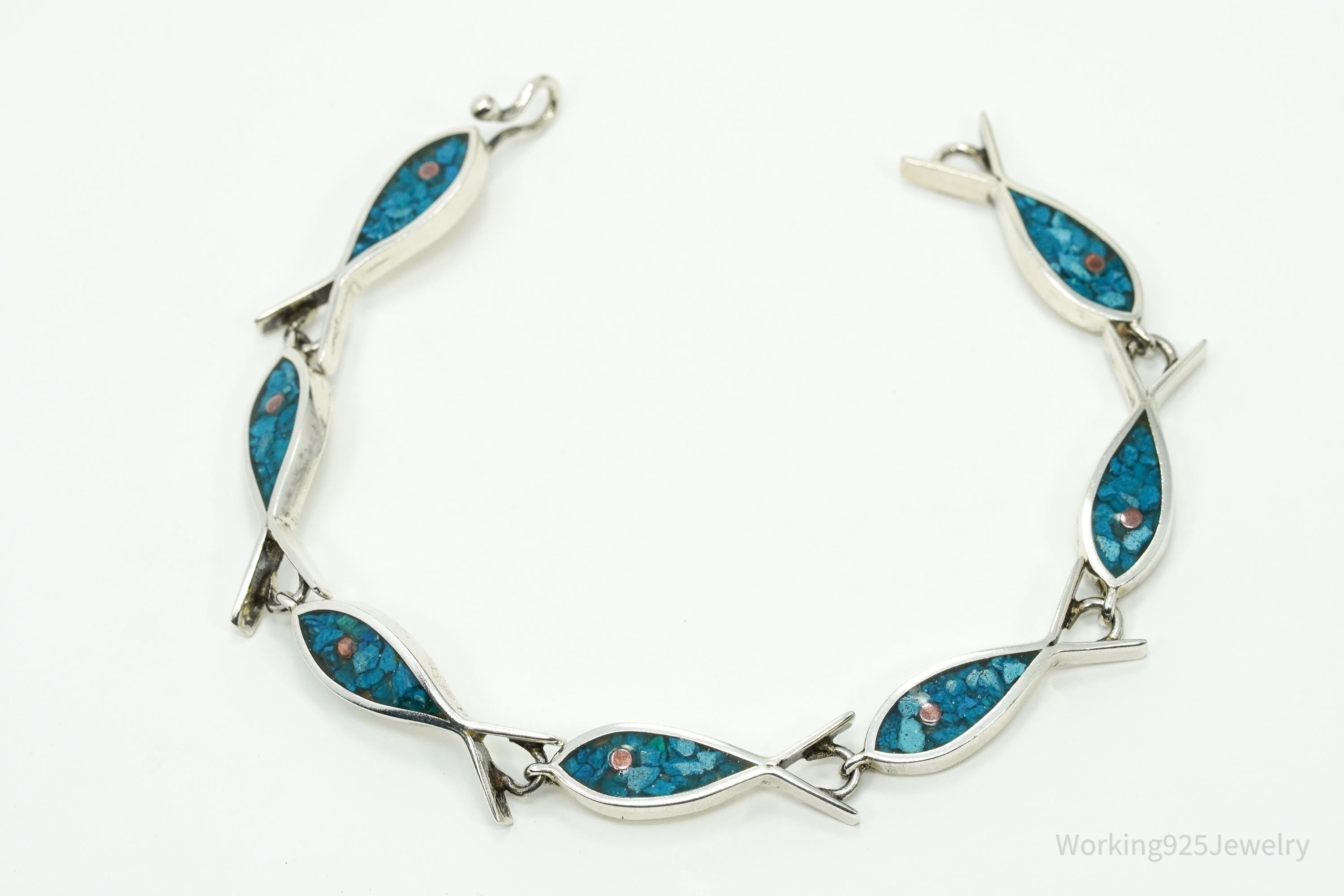 Vintage Mexico Blue Turquoise Inlay Fish Pattern Sterling Silver Bracelet - 7.25"