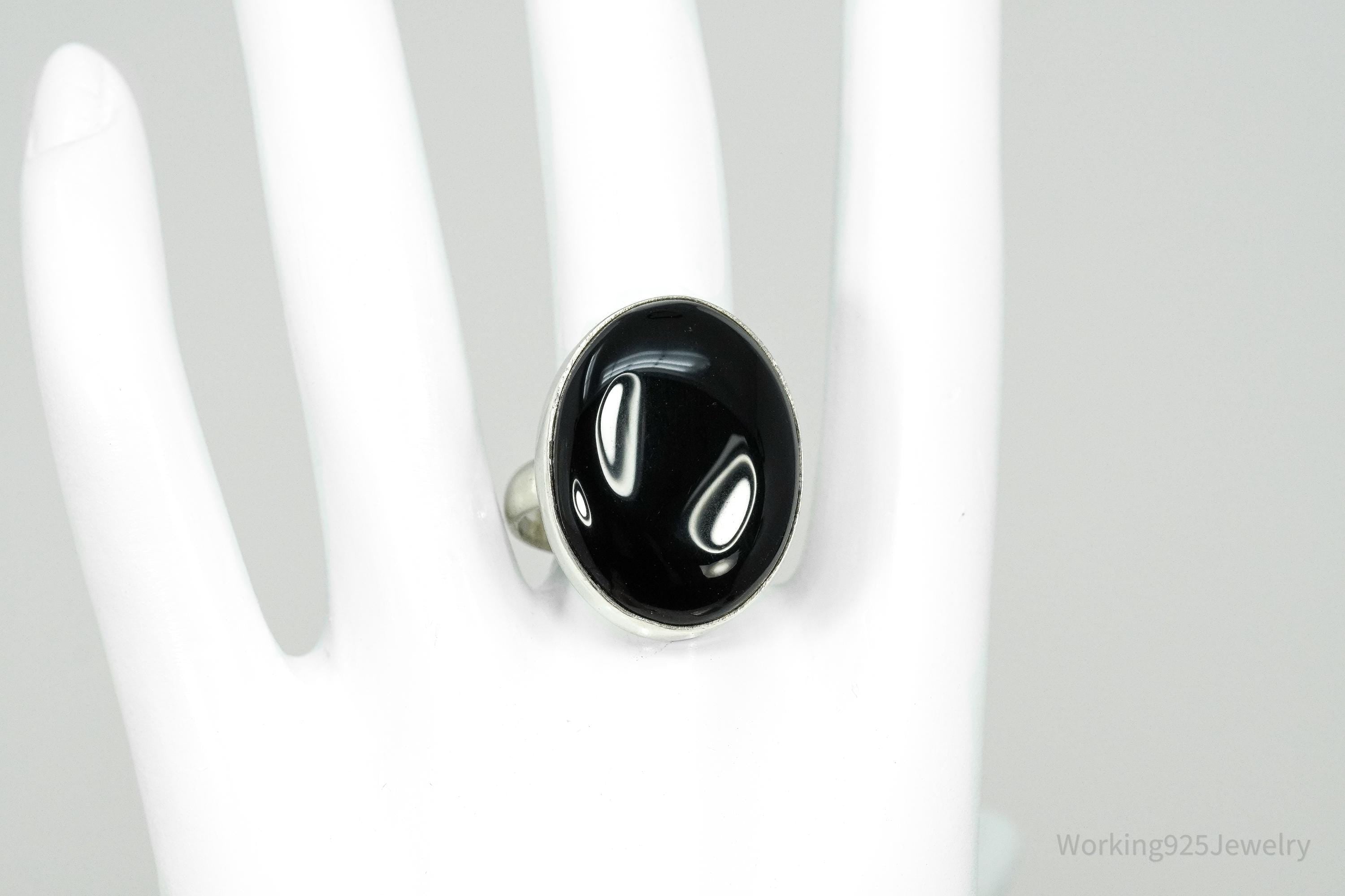 Vintage Large Black Onyx Sterling Silver Ring - Size 8.75