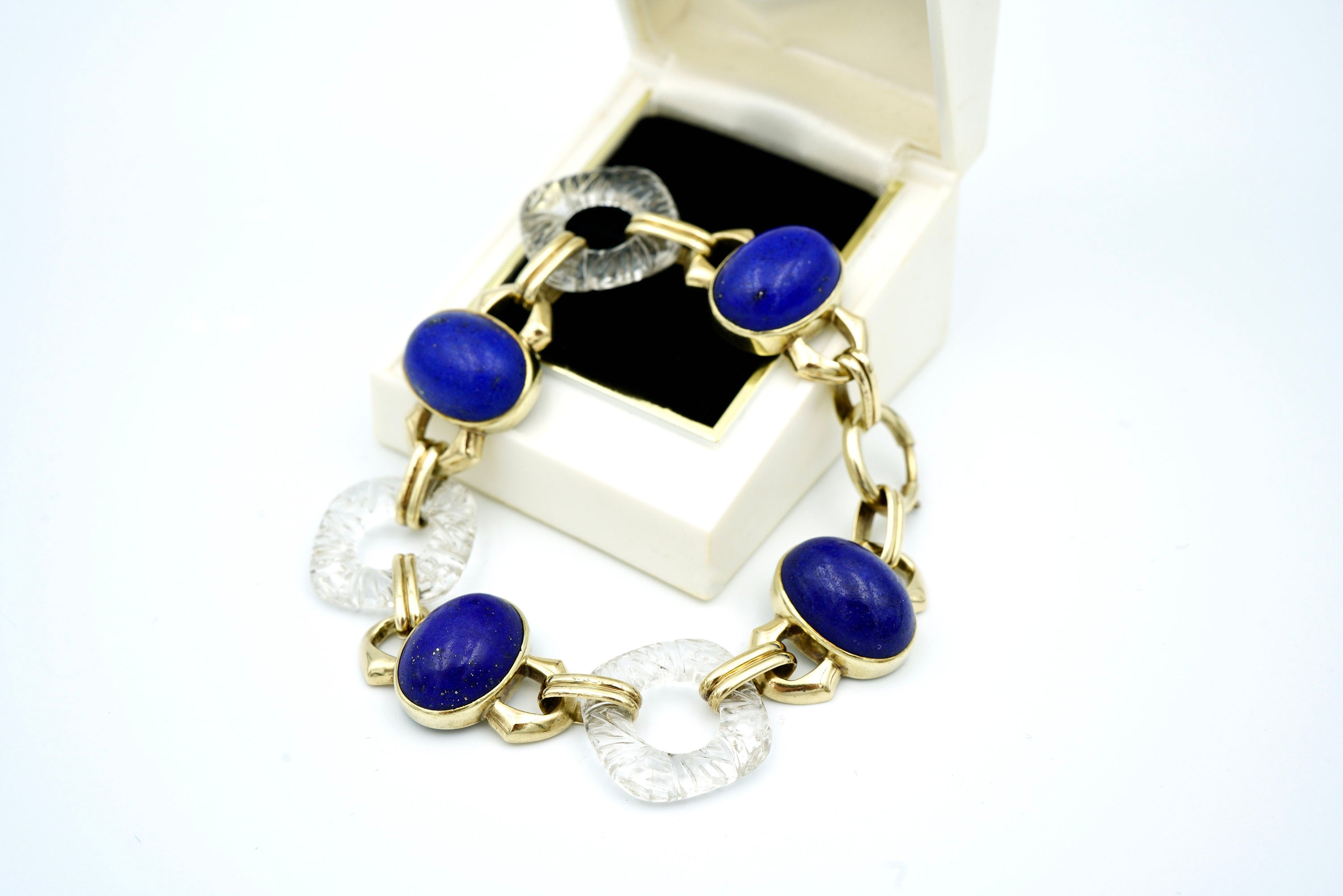 Vintage 14k Yellow Gold Lapis Lazuli & Rock Crystal Quartz Bracelet