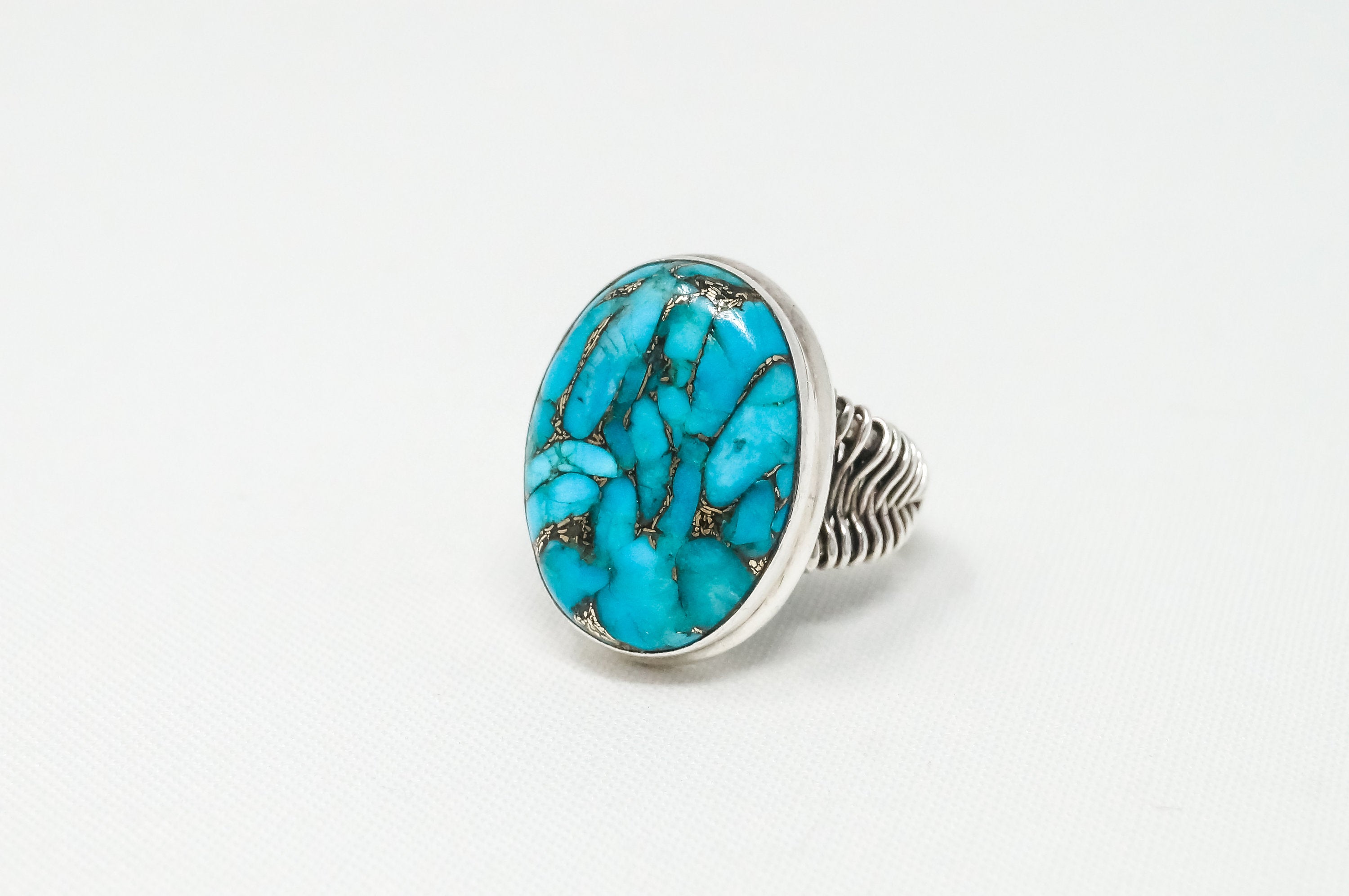 Vintage Large Turquoise Wire Wrap Design Sterling Silver Ring Sz 7.5 - 797300593