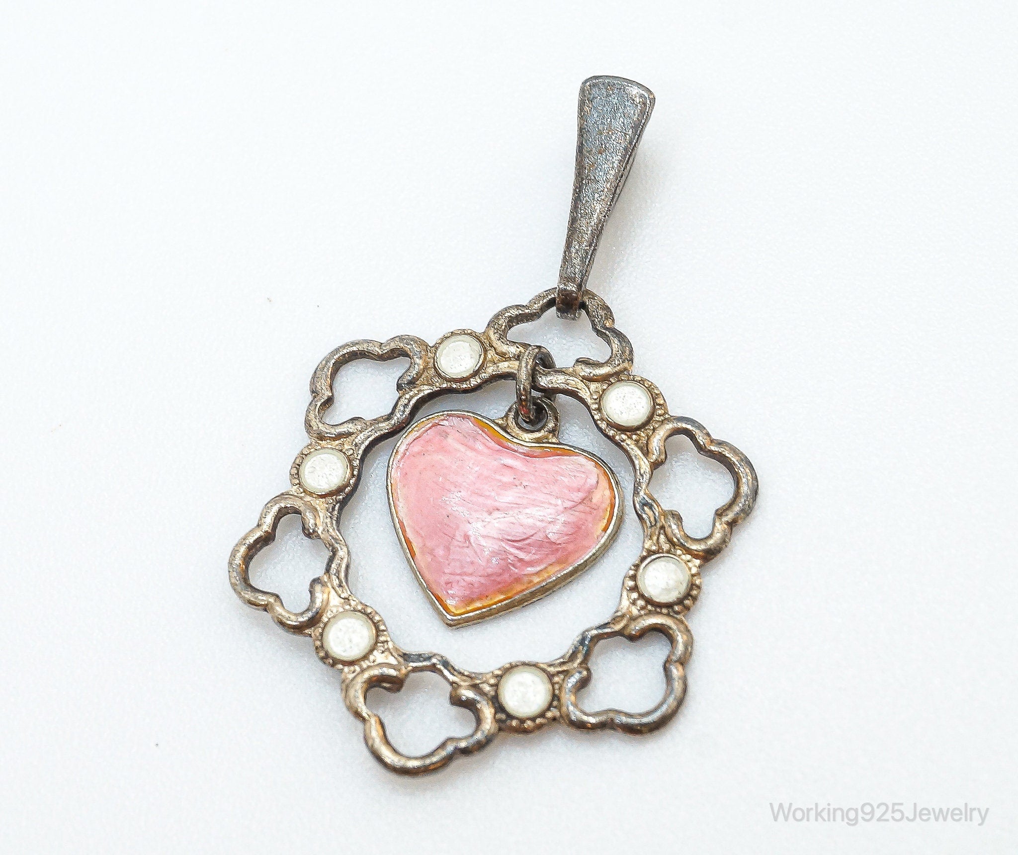 Vintage Modernist Enamel Heart Sterling Silver Pendant