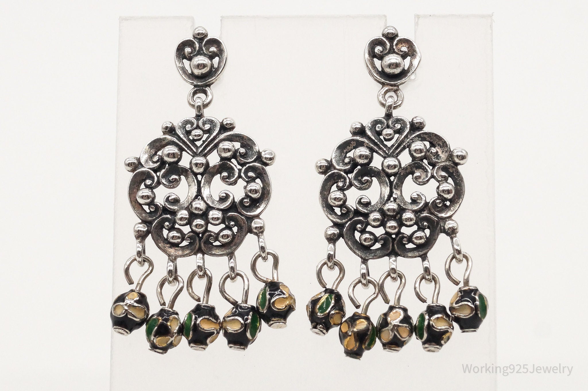 Vintage Thai Chandelier Cloisonne Bead Sterling Silver Earrings