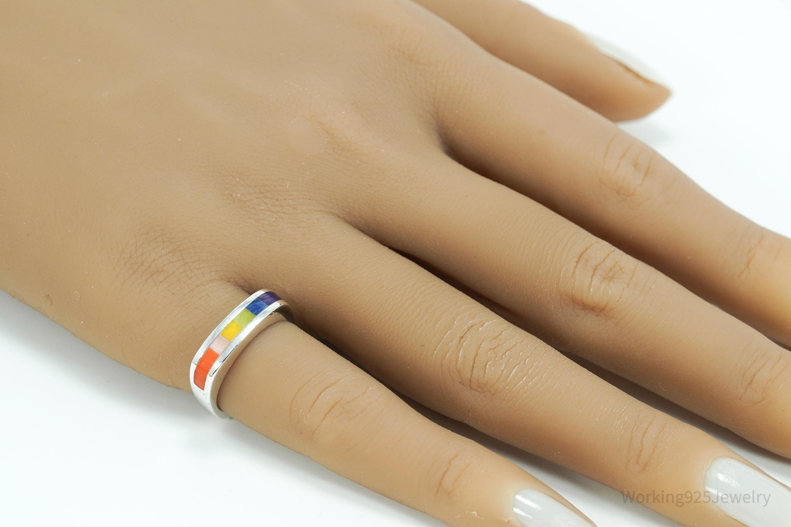 Vintage Rainbow Enamel Inlay Sterling Silver Ring Size 6