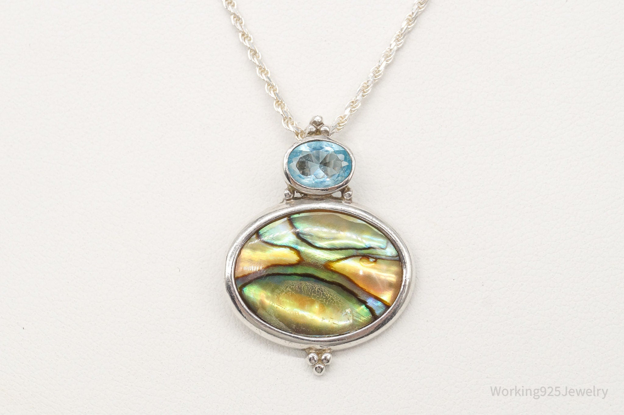 Vintage Paua Abalone Shell Blue Topaz Sterling Silver Necklace