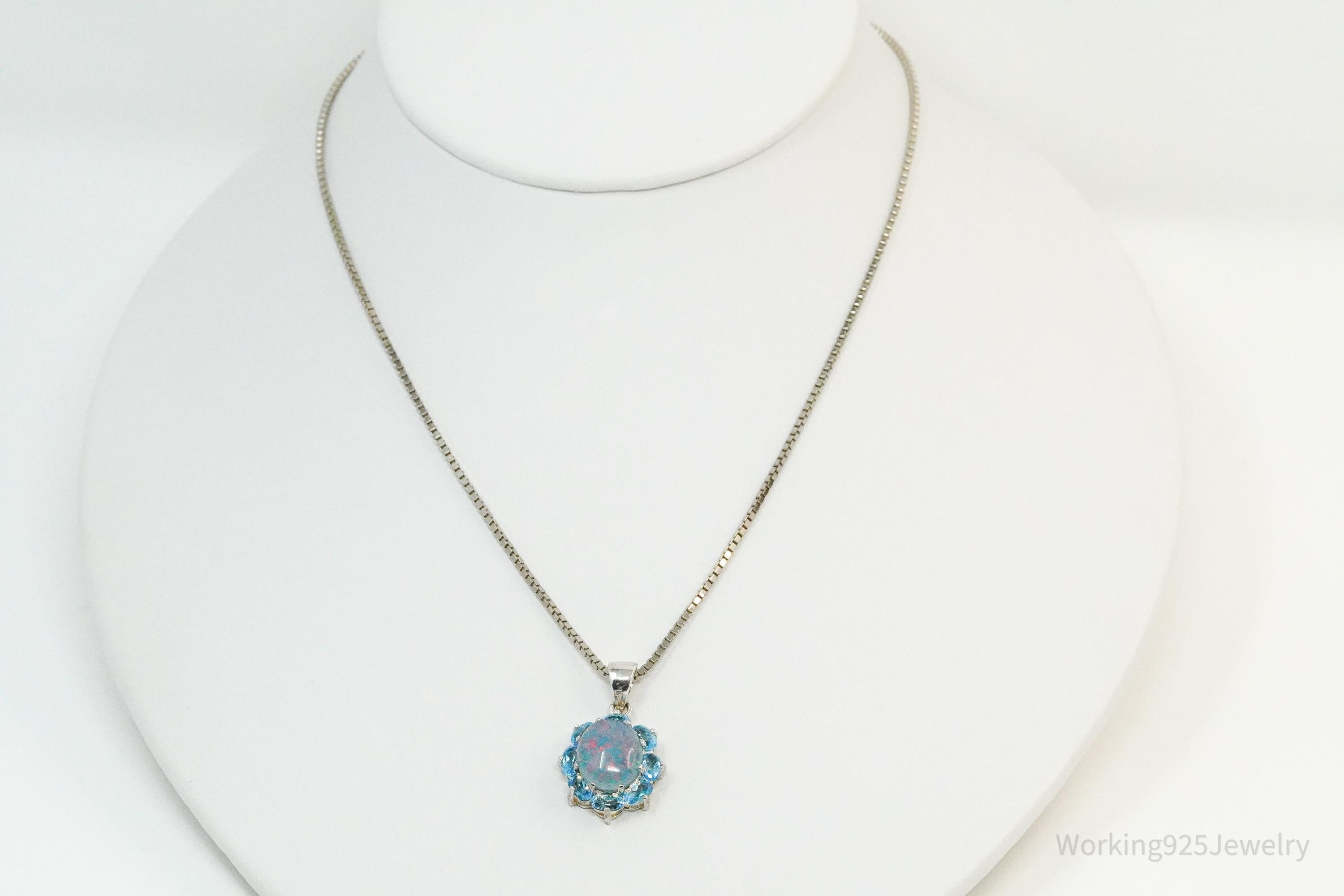 Vintage Opal & Blue Topaz Flower Sterling Silver Necklace 16"