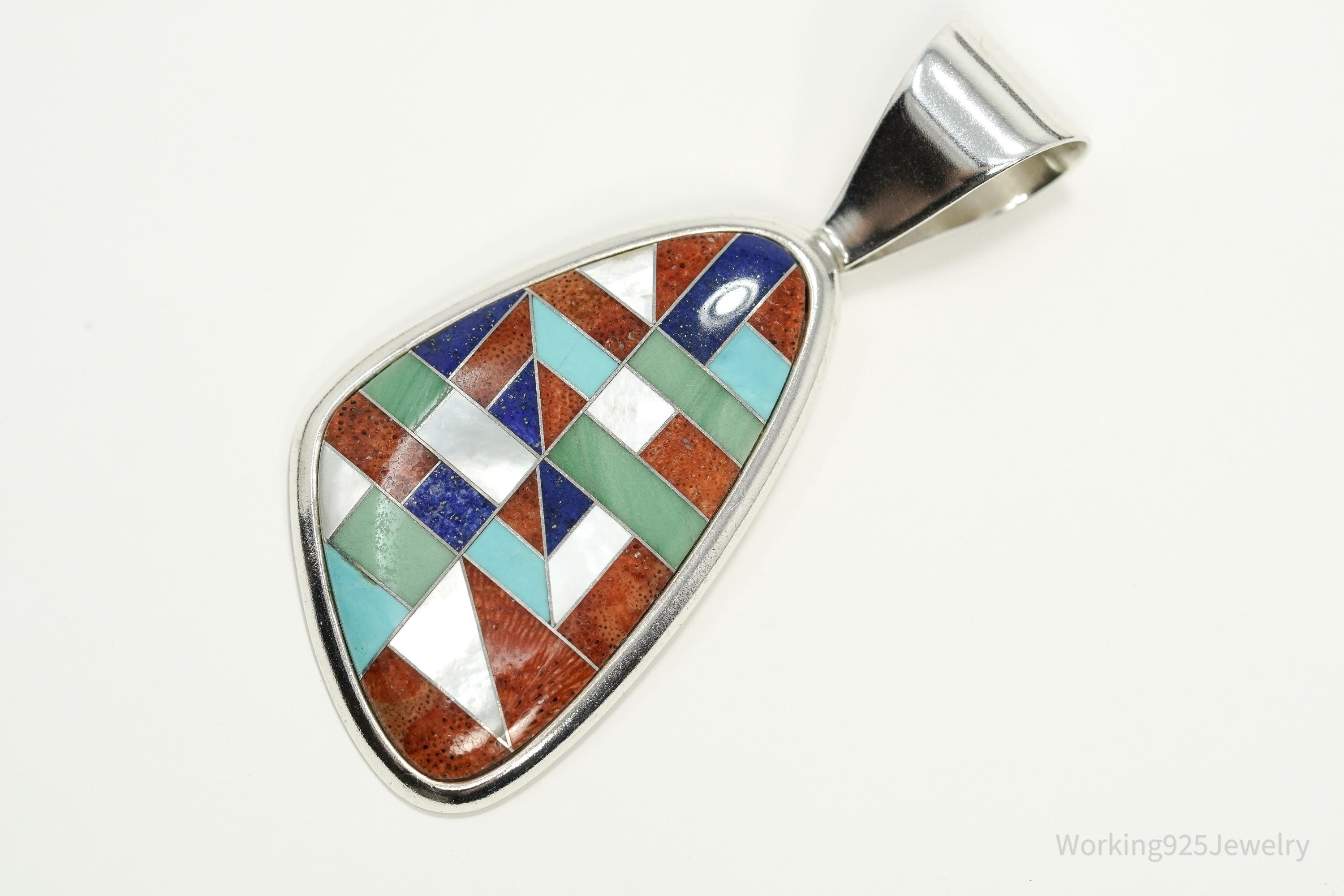 Vintage Large Desert Rose Trading Multi Gem Inlay Sterling Silver Pendant 2.5"