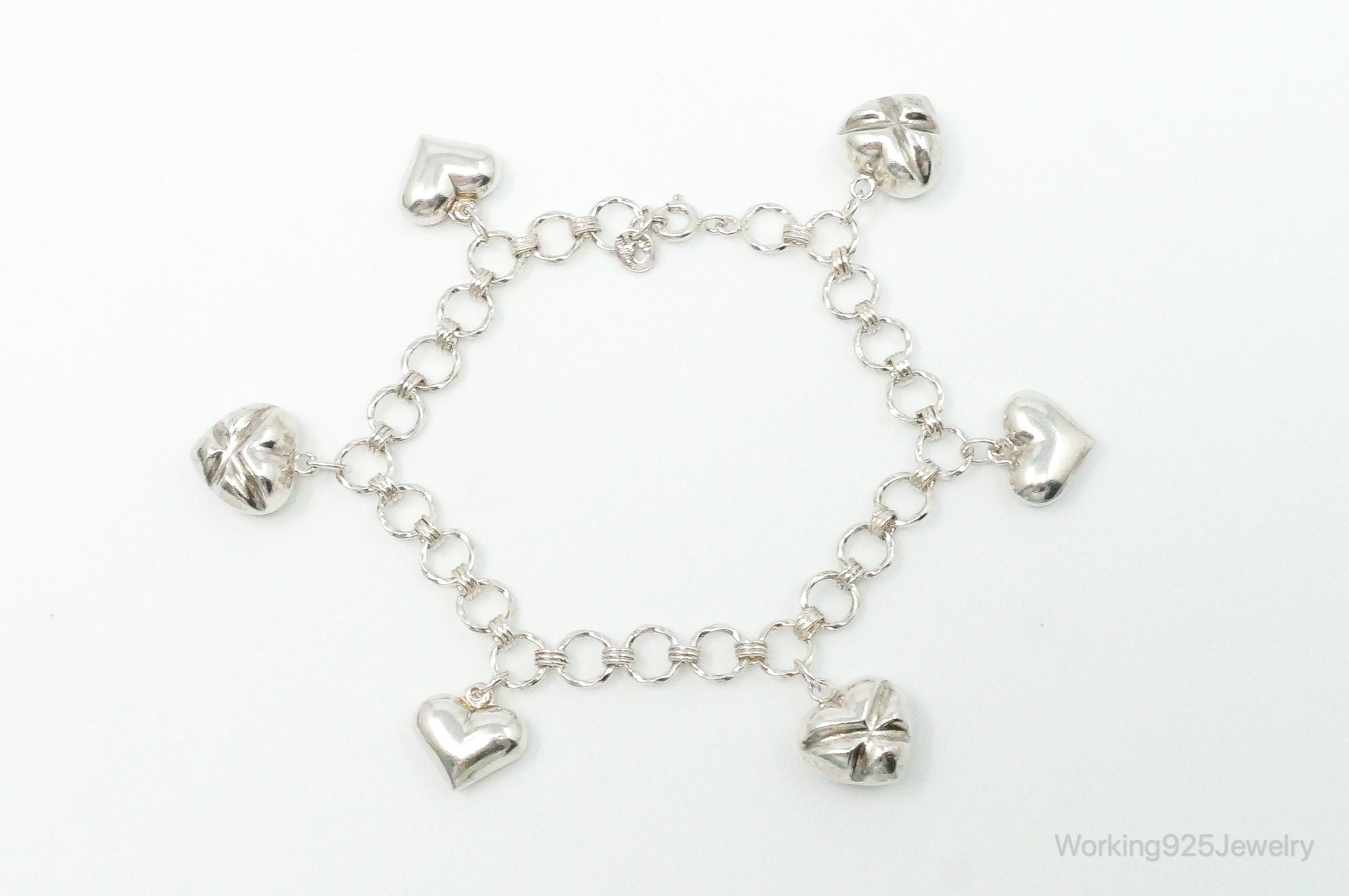 Vintage Puffy Heart Charm Sterling Silver Chain Bracelet