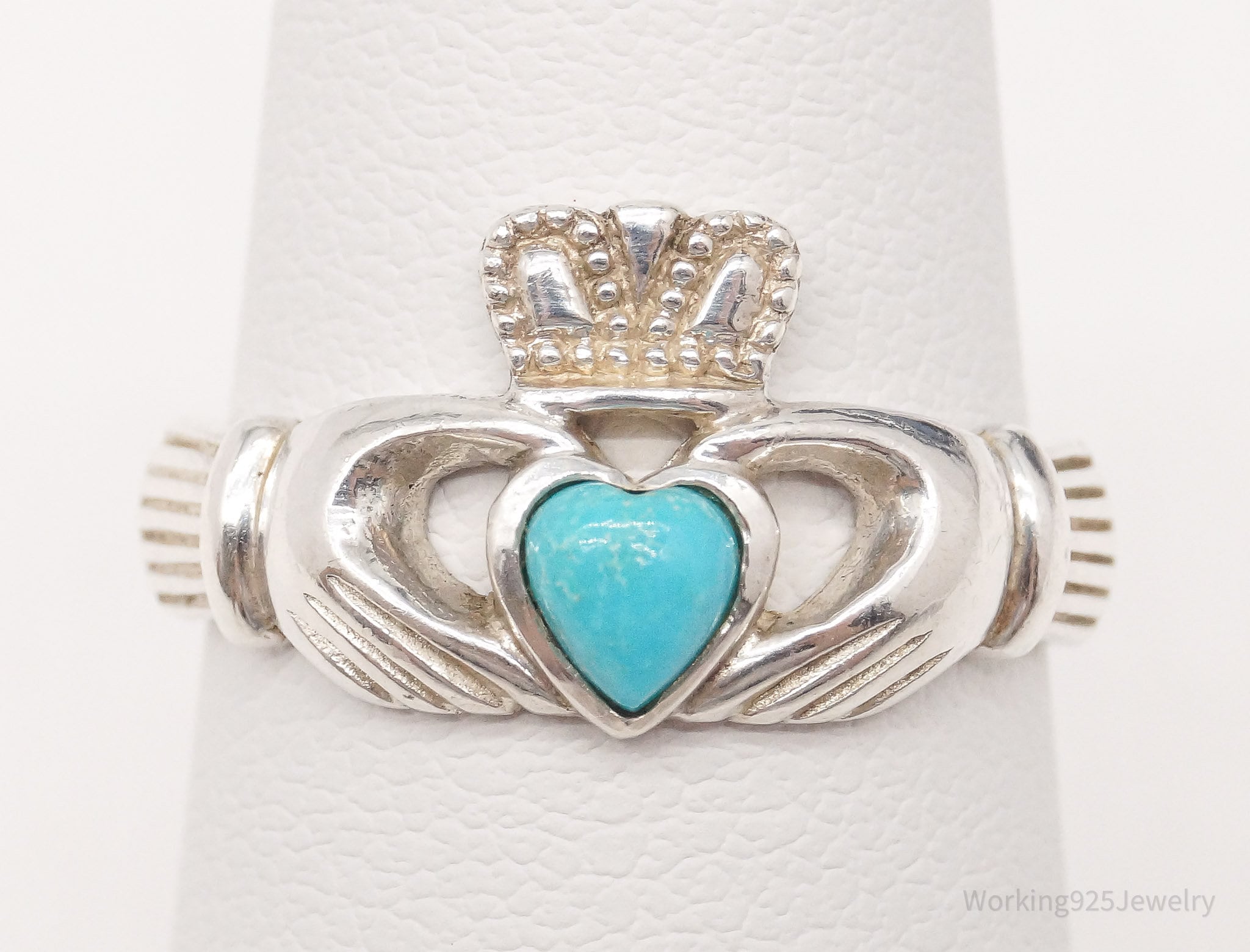 Vintage Ireland Claddagh Irish Blue Stone Heart Sterling Silver Ring Size 6