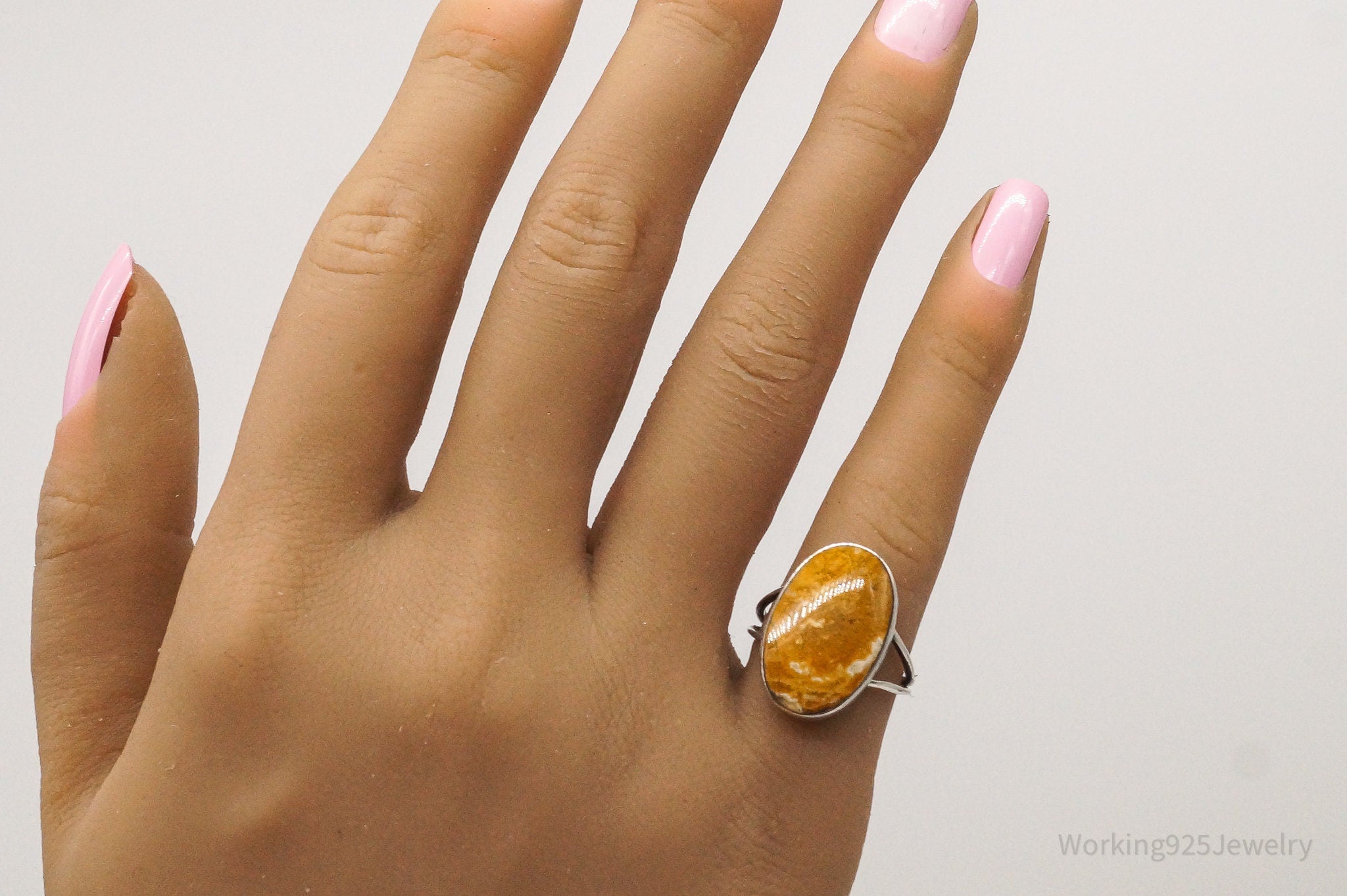 Vintage Yellow Brown Agate Silver Ring - Size 6