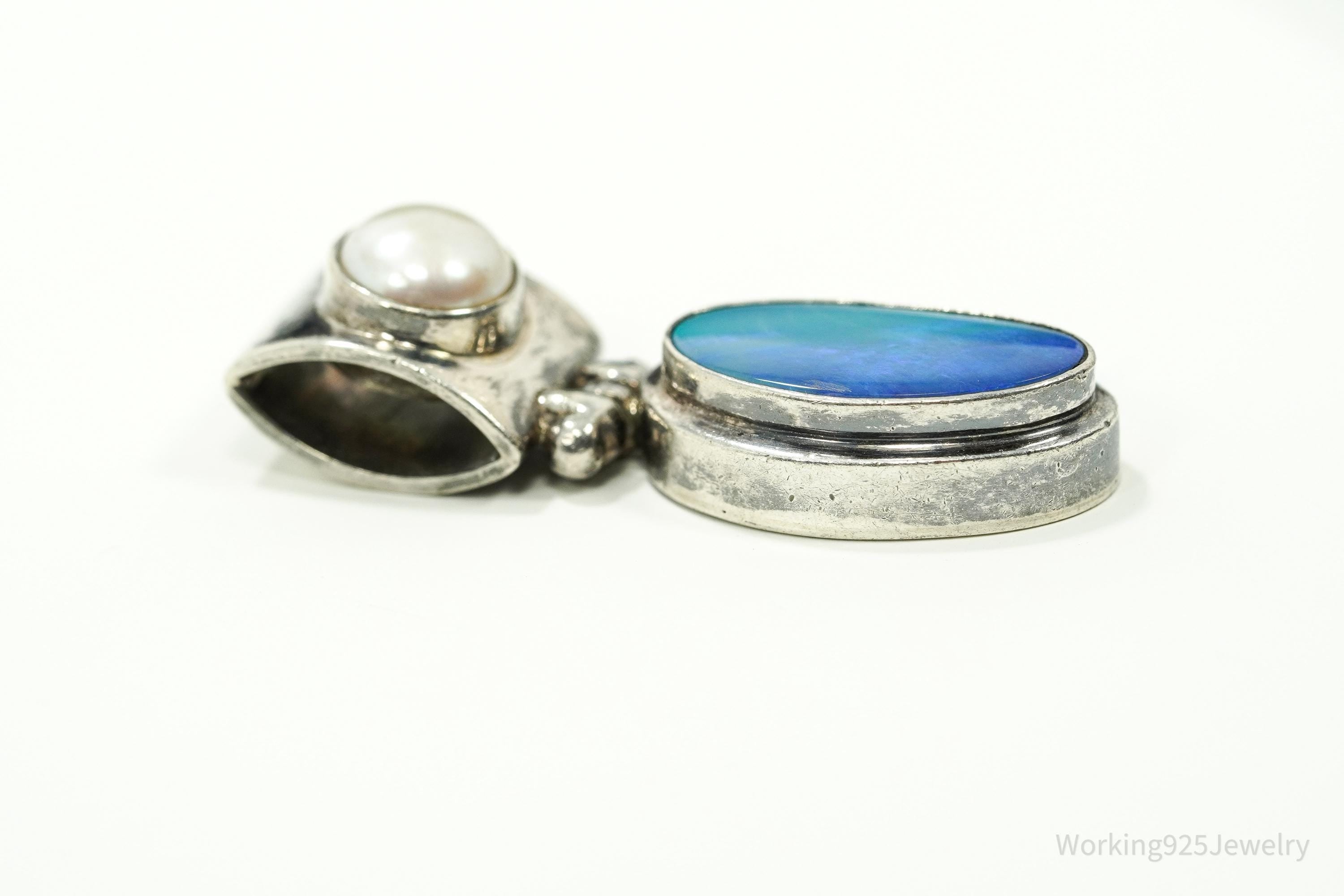 Large Vintage Blue Opal & Pearl Sterling Silver Pendant