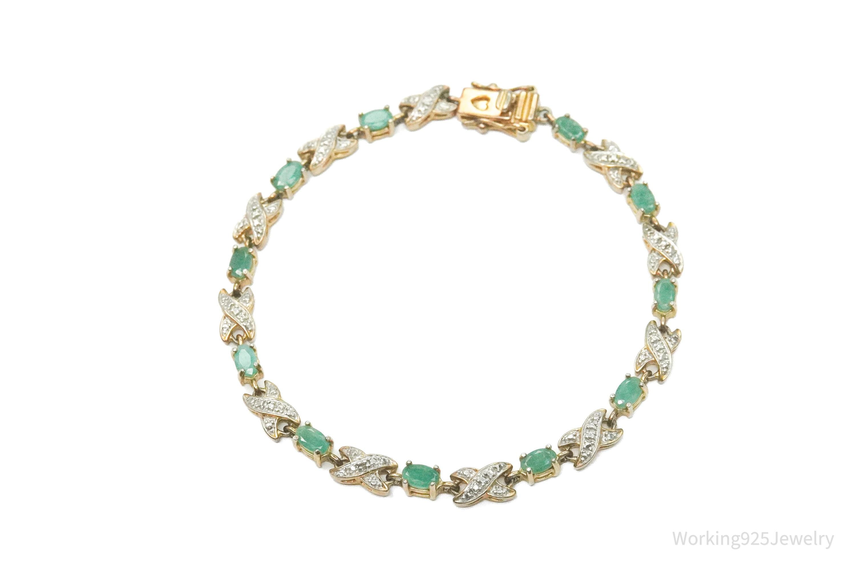 VTG Ross Simons Emerald & One Diamond 18K Gold Vermeil Sterling Silver Bracelet 7.75"