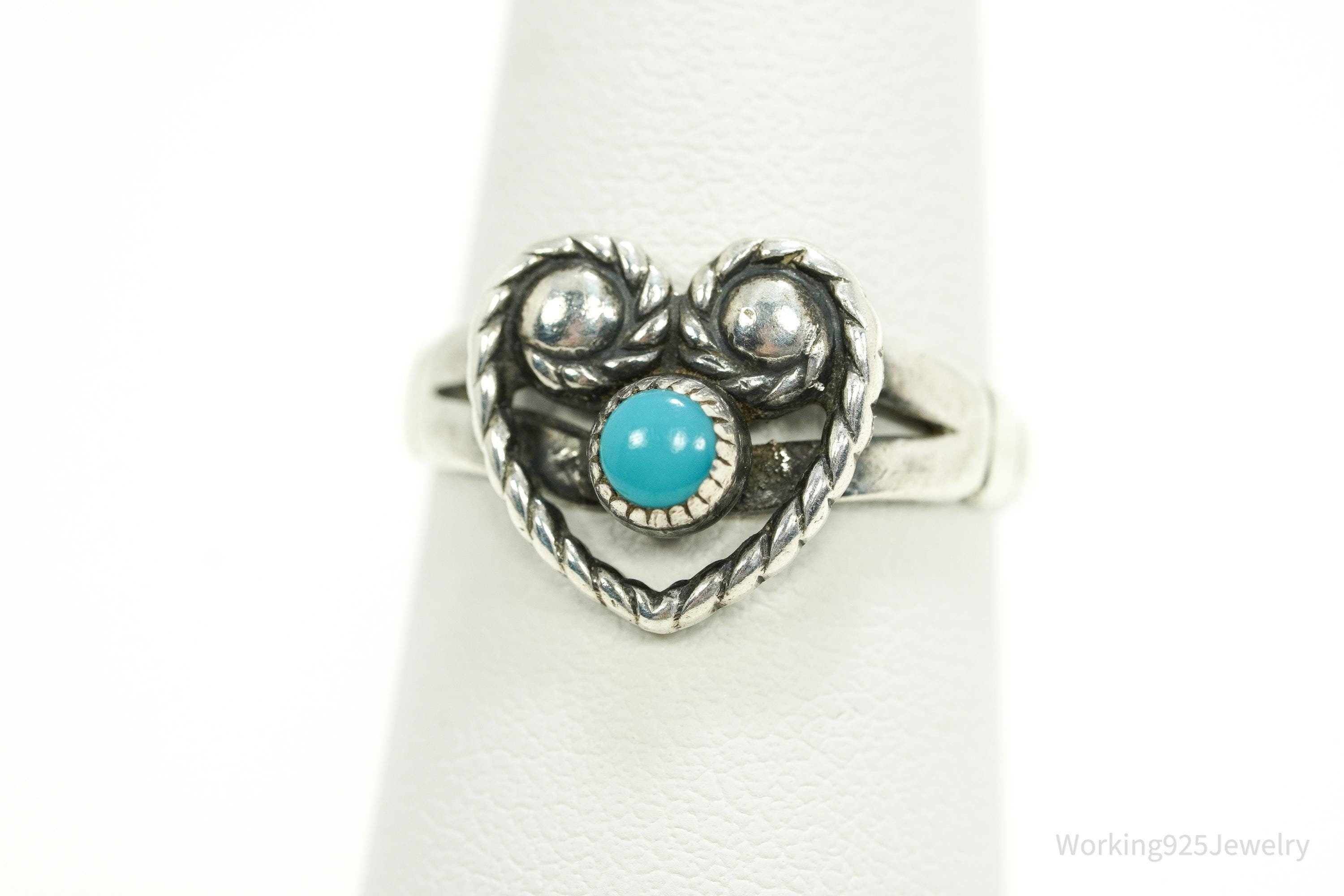 Vintage Native Bell Trading Post Turquoise Heart Sterling Silver Ring - Size 7