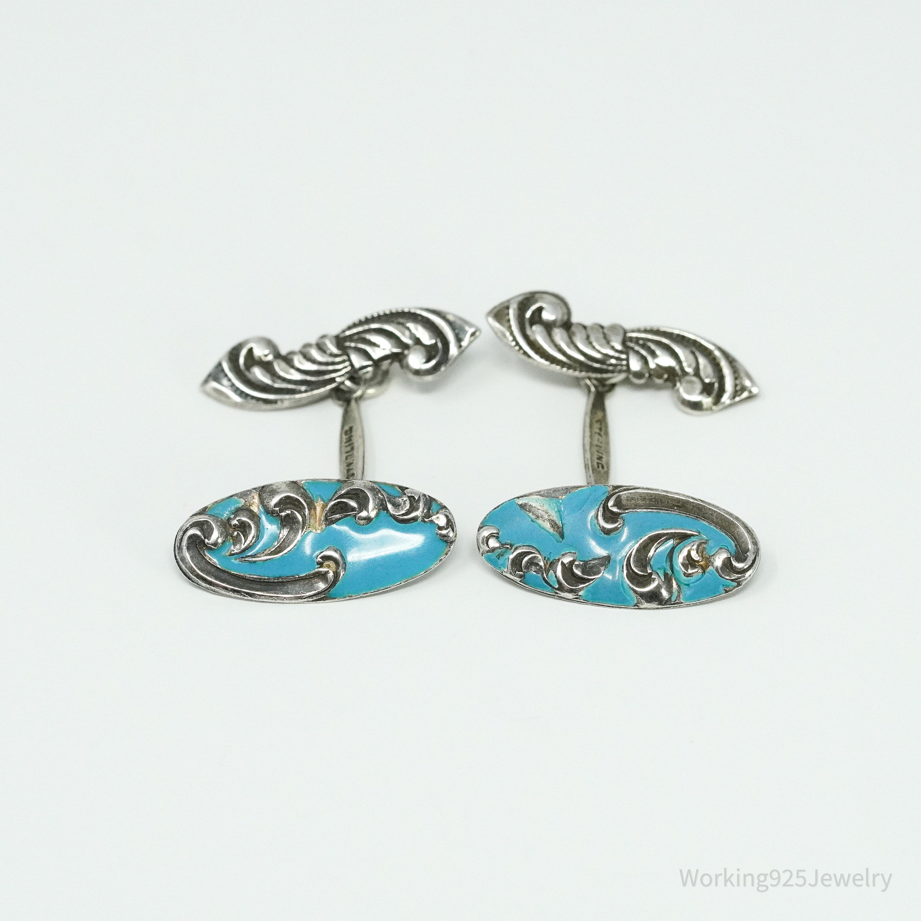 Antique Blue Enamel Sterling Silver Cufflinks