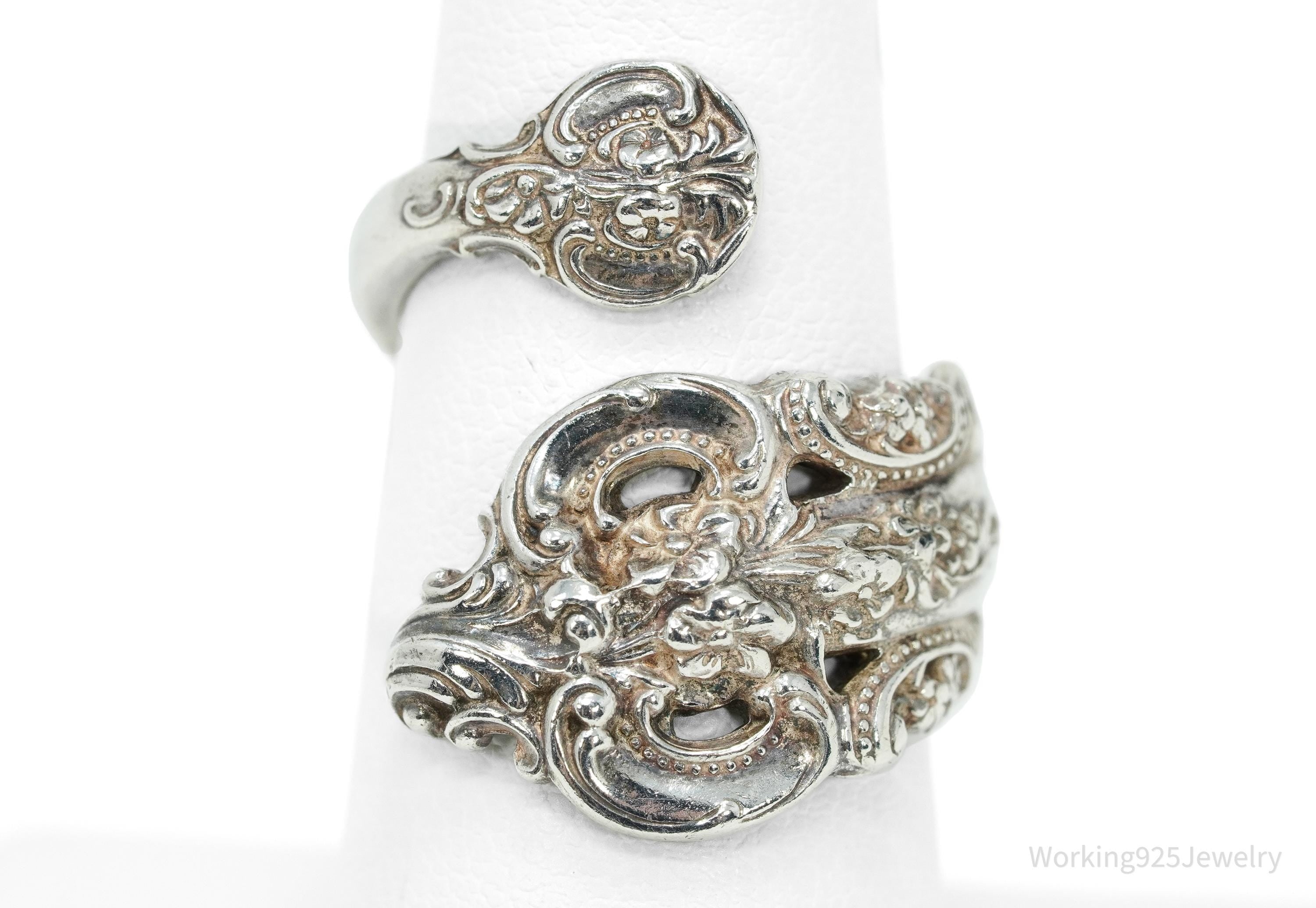 Antique WALLACE Art Nouveau Floral Sterling Silver Spoon Ring - Size 7