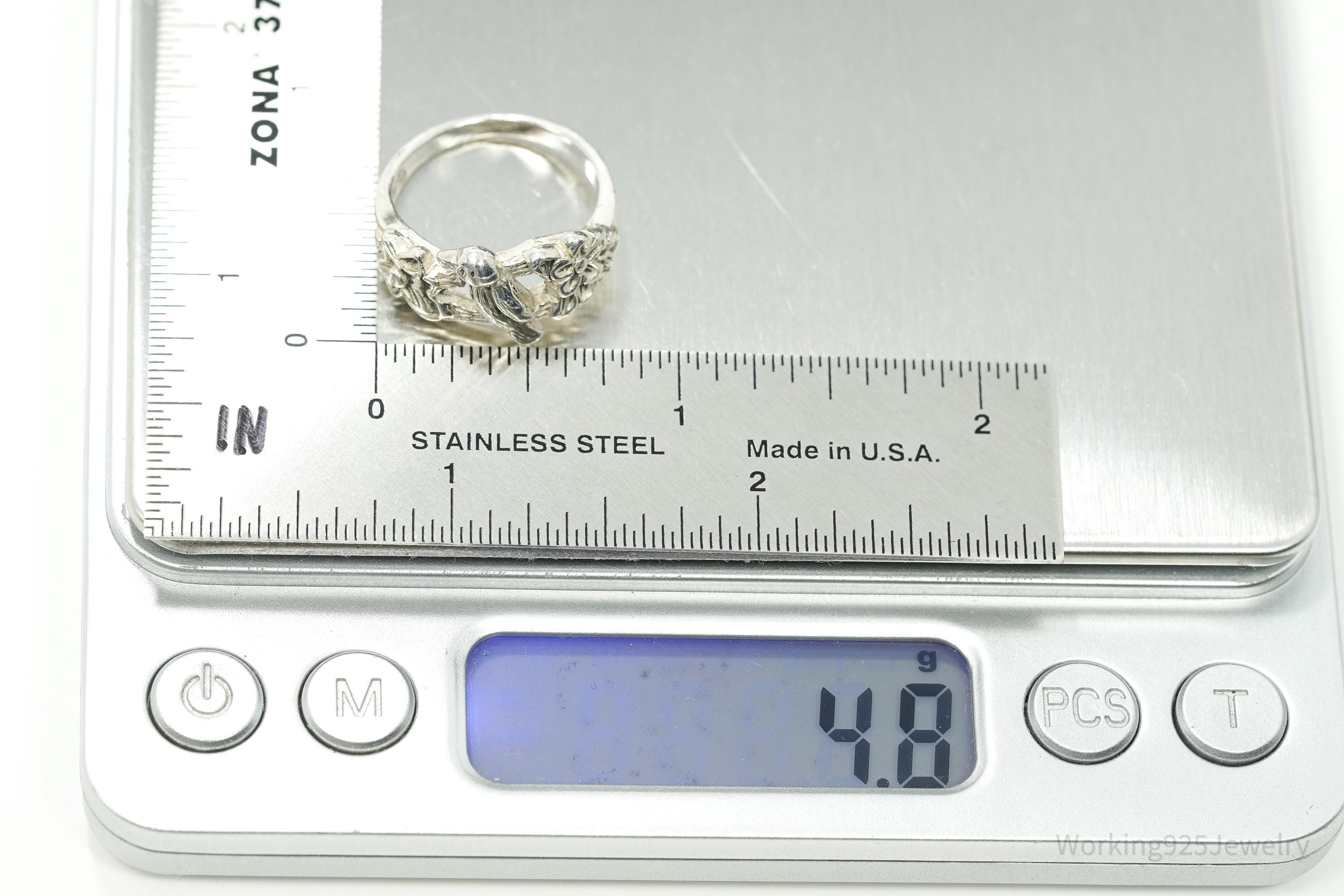 Vintage Bird & Flowers Sterling Silver Ring - Size 6.75
