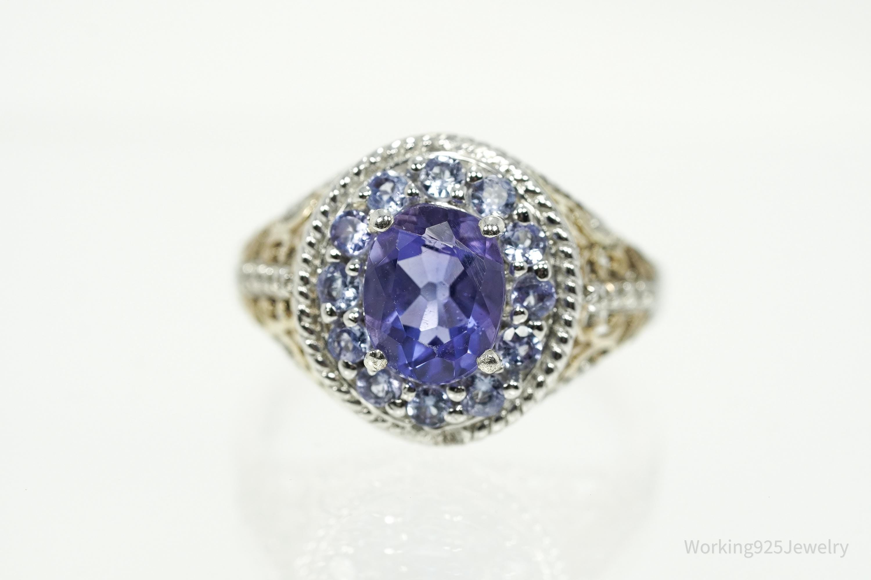 Vintage Tanzanite & White Topaz Gold Vermeil Sterling Silver Ring Size 9
