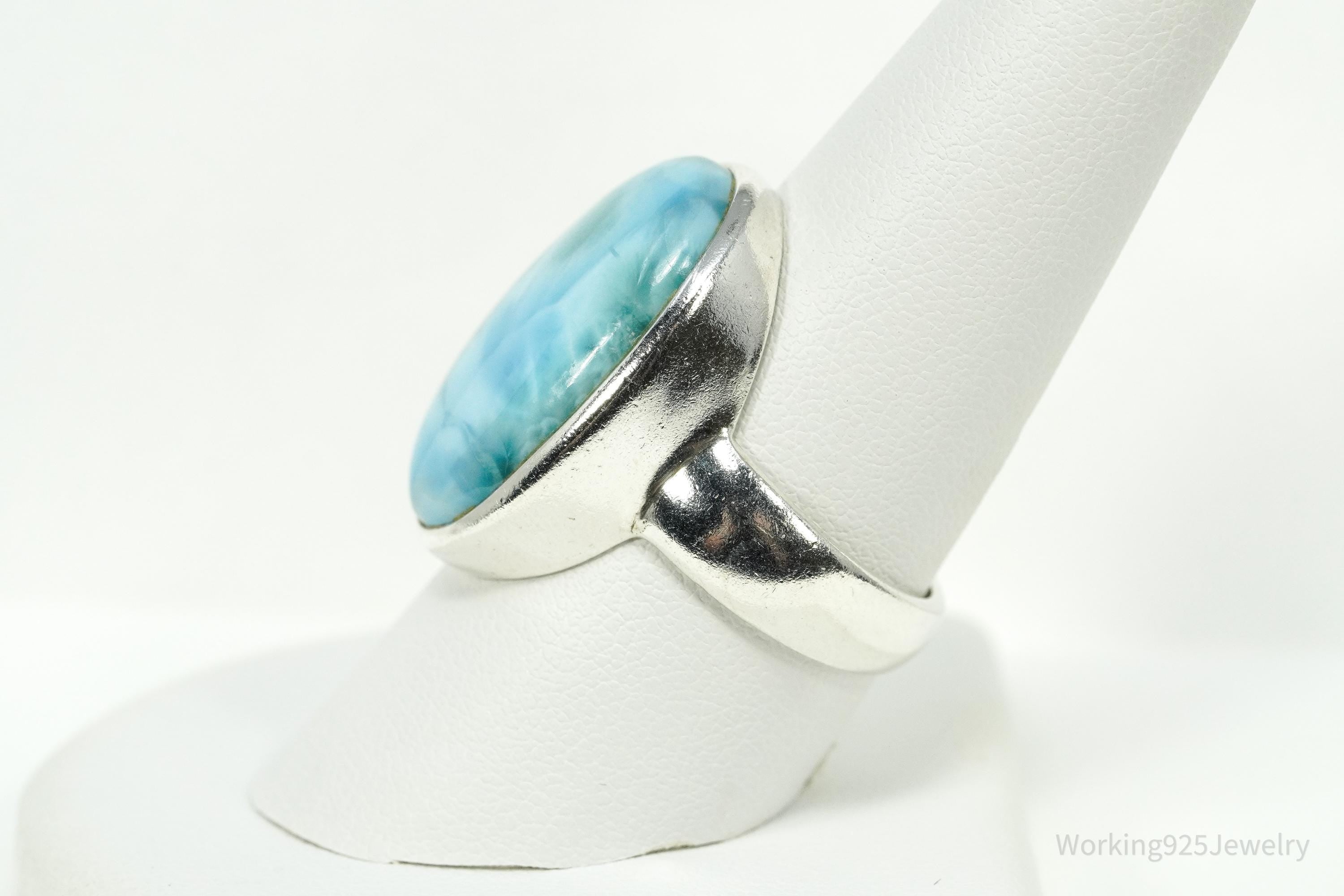 Vintage Large Blue Larimar Sterling Silver Ring - Size 9