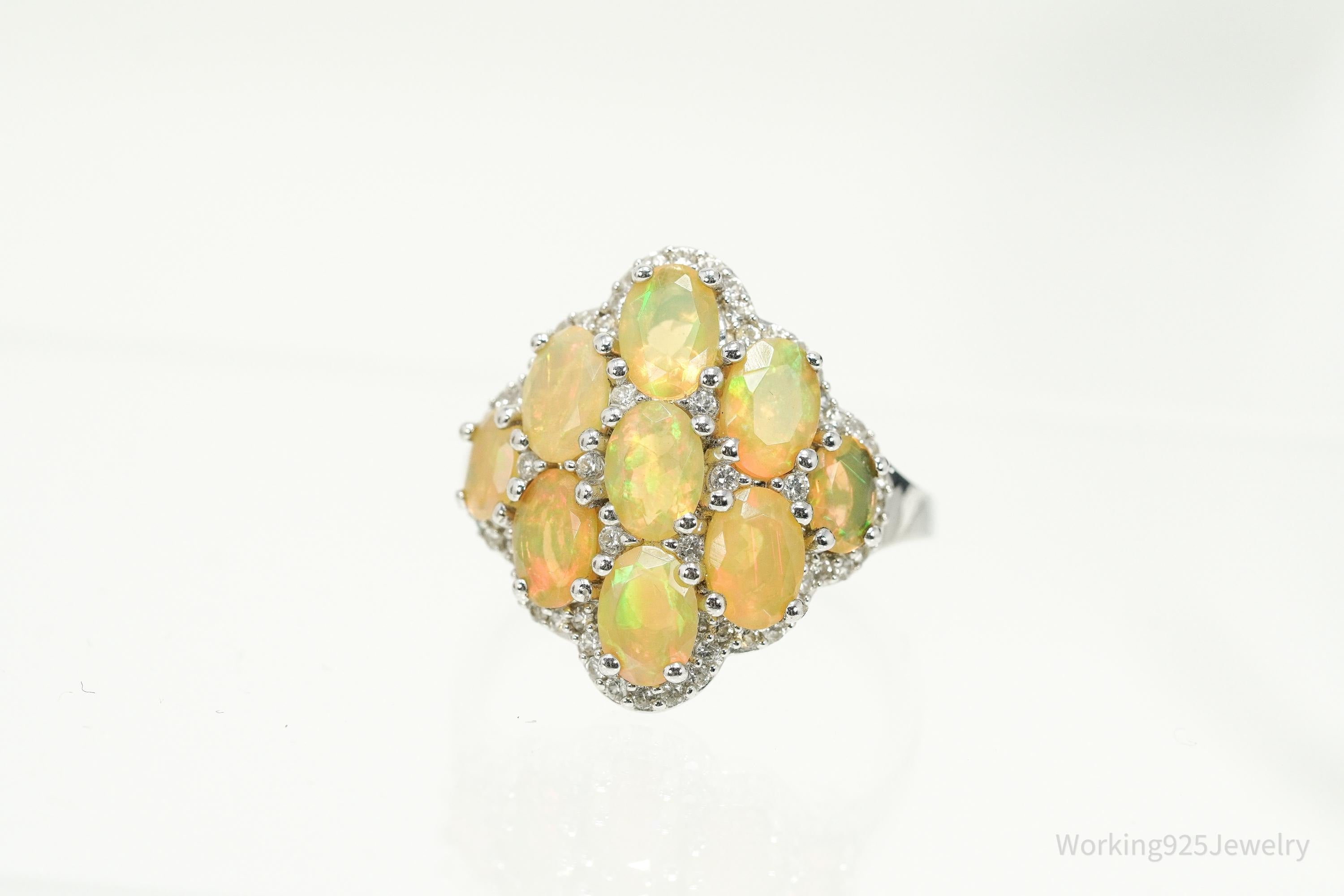 Opal & White Zircon Rhodium Sterling Silver Cocktail Ring Size 11.75