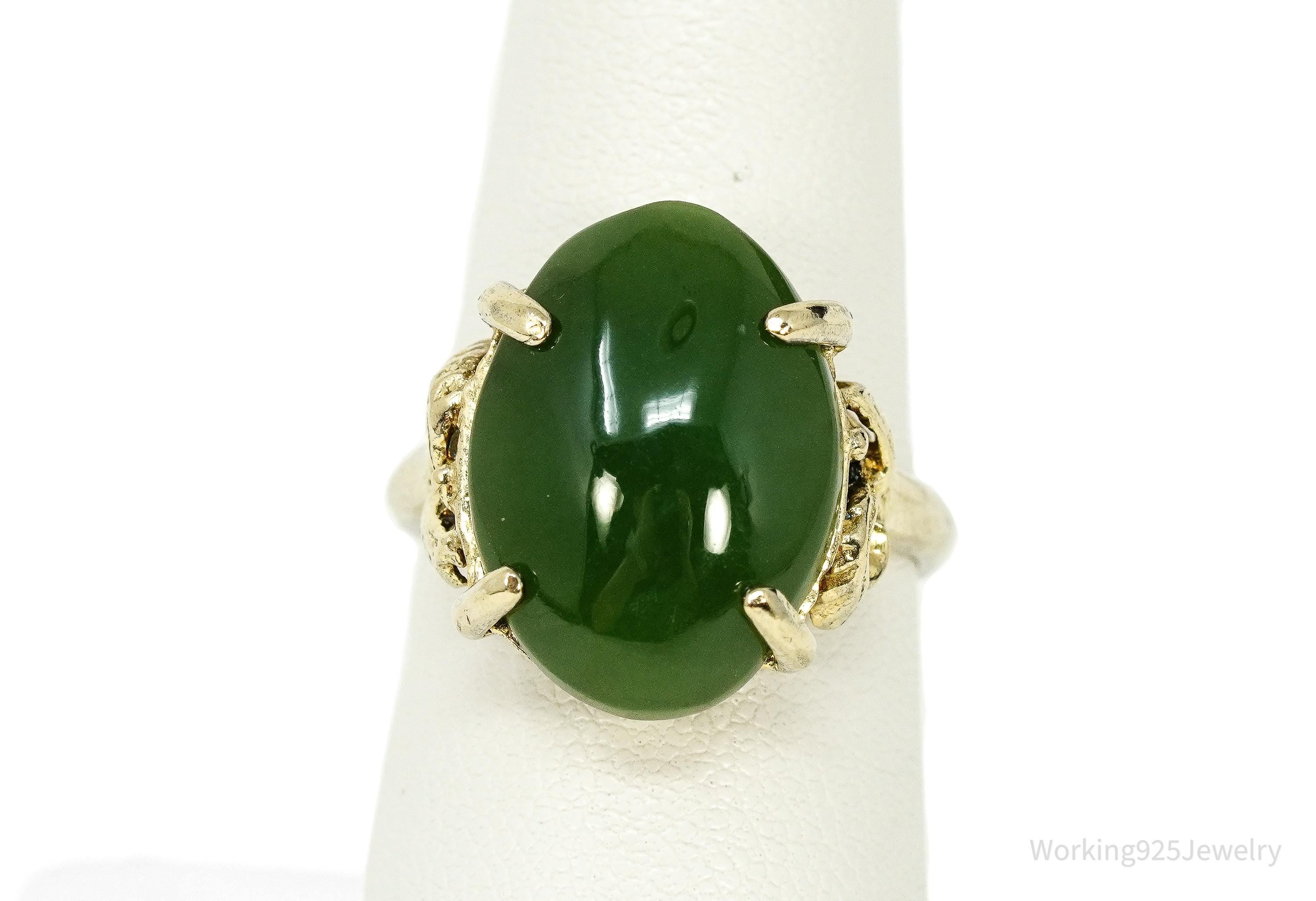 Vintage Green Jade Gold Over Sterling Silver Ring Size 6.75