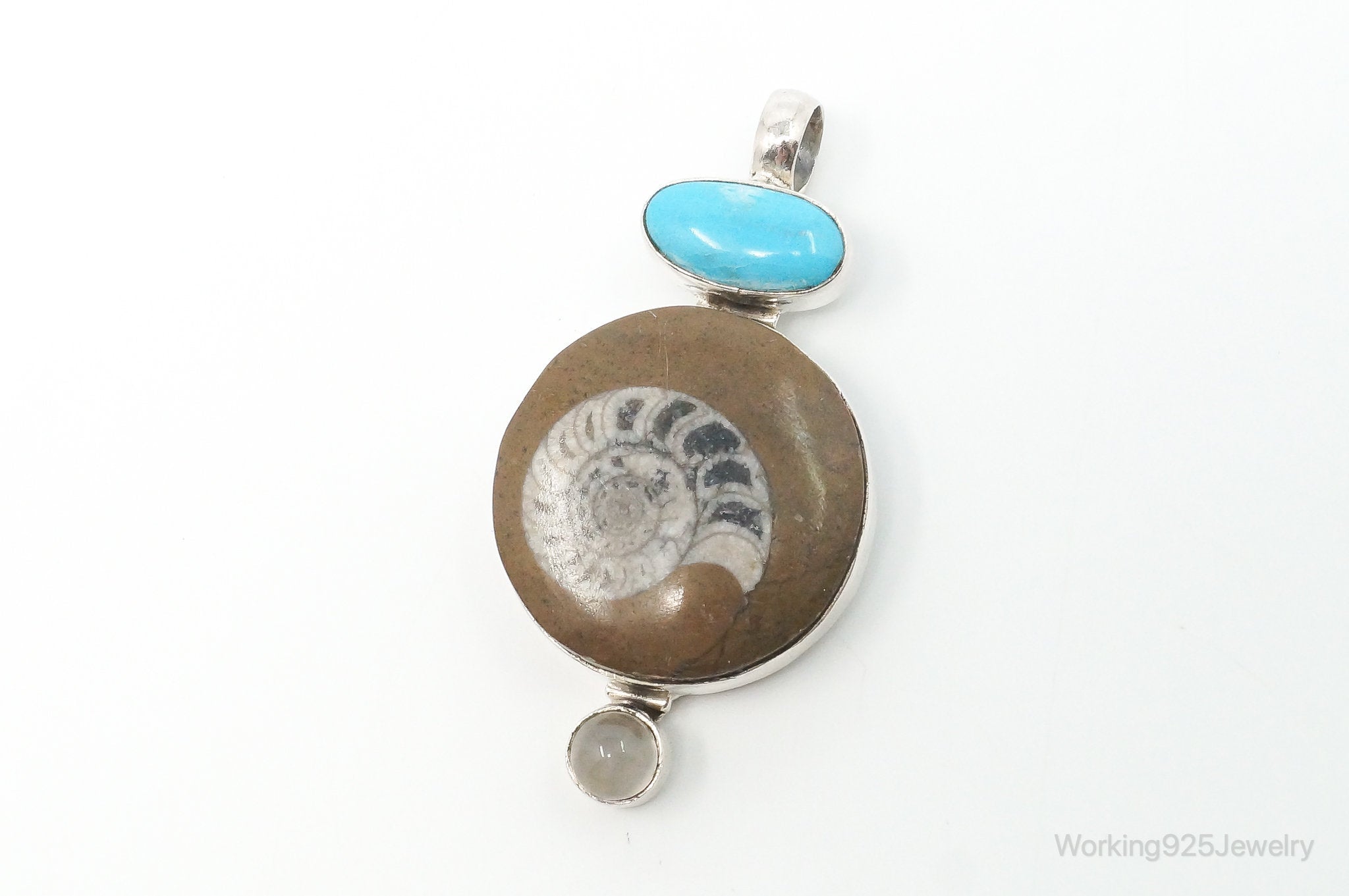 Vintage Large Fossil Shell Turquoise Gray Moonstone Sterling Silver Pendant