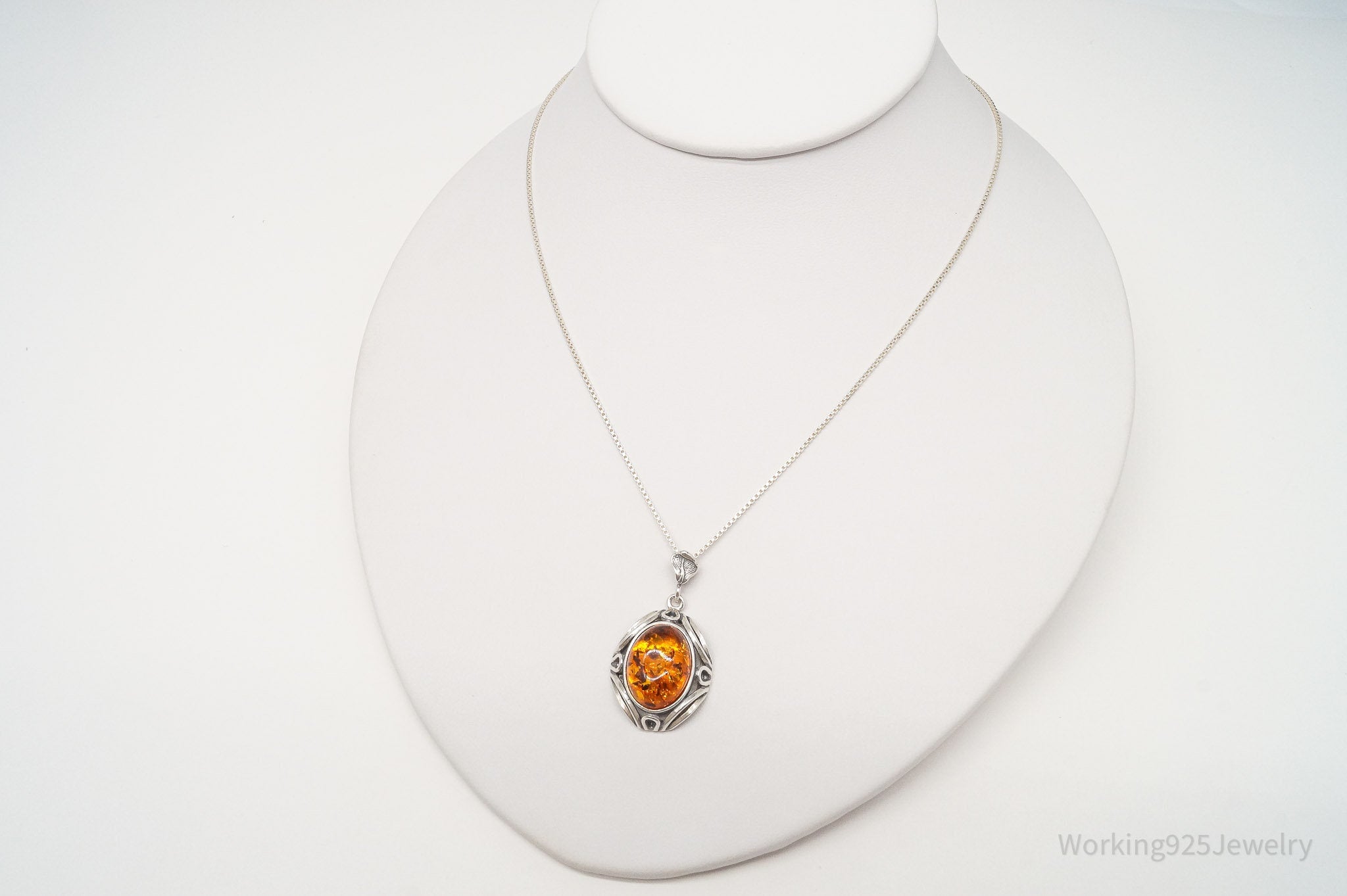 Vintage Large Amber Sterling Silver Chain Necklace 18"