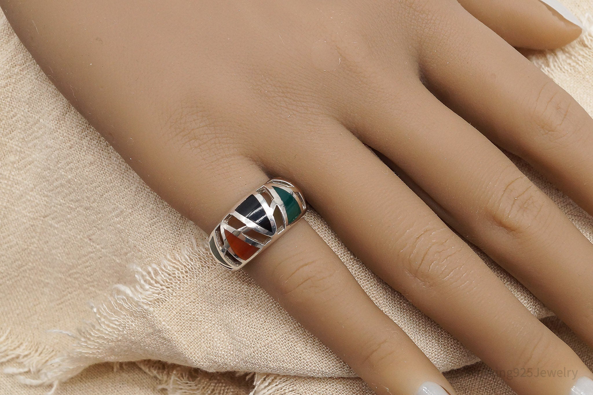 Vintage Multi Color Onyx Inlay Sterling Silver Ring - Size 6