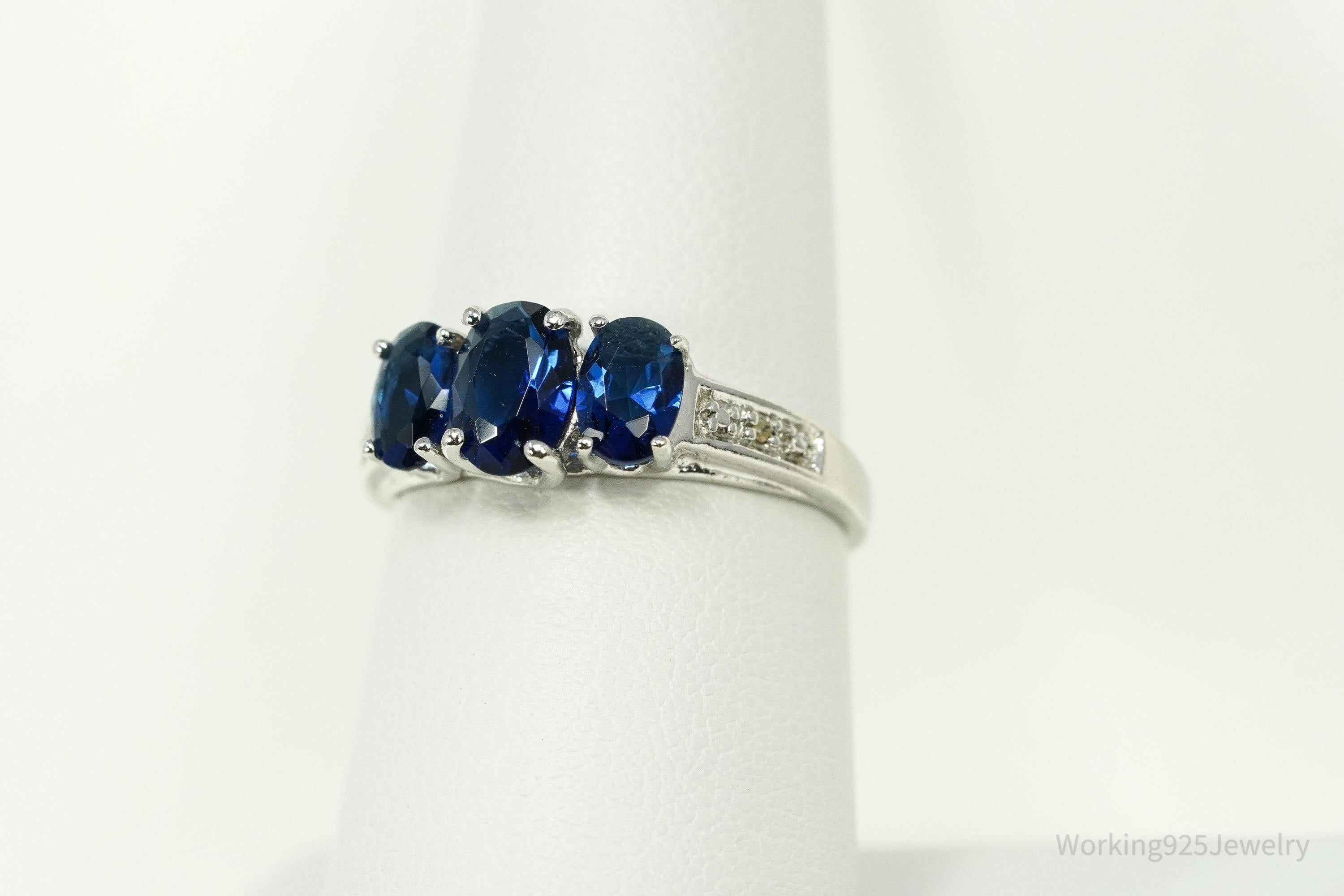 Vintage Blue Simulated Sapphires & 2 Diamonds Sterling Silver Ring - Size 7.25