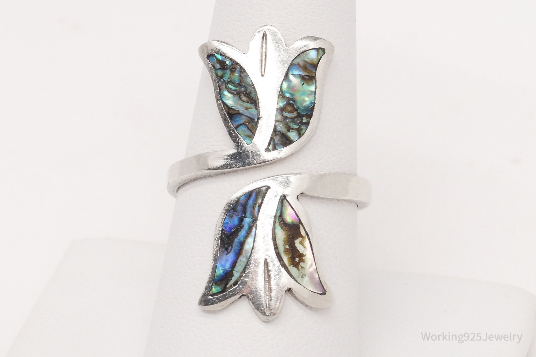 Vintage Mexico Paua Abalone Shell Inlay Tulips Sterling Silver Ring - Size 8.75